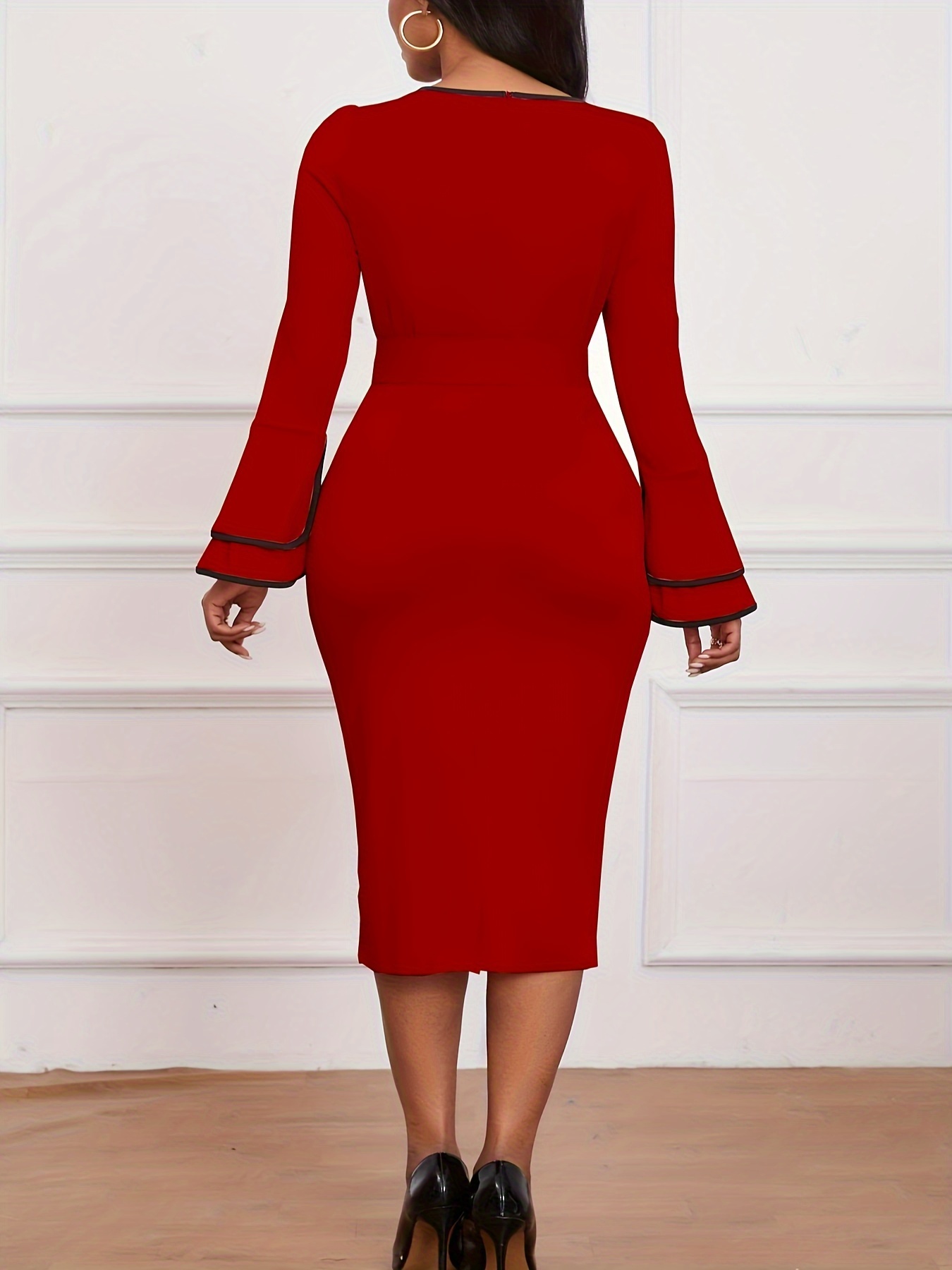Autumn And Winter Women'S Fashion Easy with Belt Long Flared Sleeve Black Contrast Trim Slim Mid-Length Dress, Showing Exquisite And Elegant Temperament, Suitable for Work Or Semi-Formal Occasions