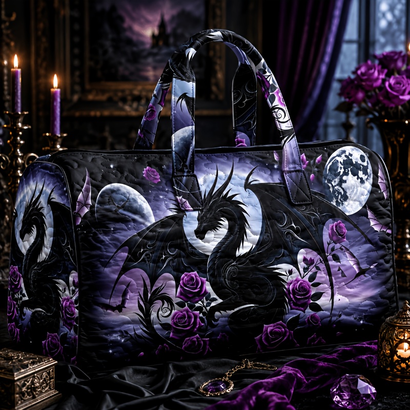 Image of Women's Mystical Dragon Purple Rose Print Shoulder Bag, Material, Multiple Specifications , Elegant Lightweight Daily Bag, Perfect For Shopping, Commuting & Travel