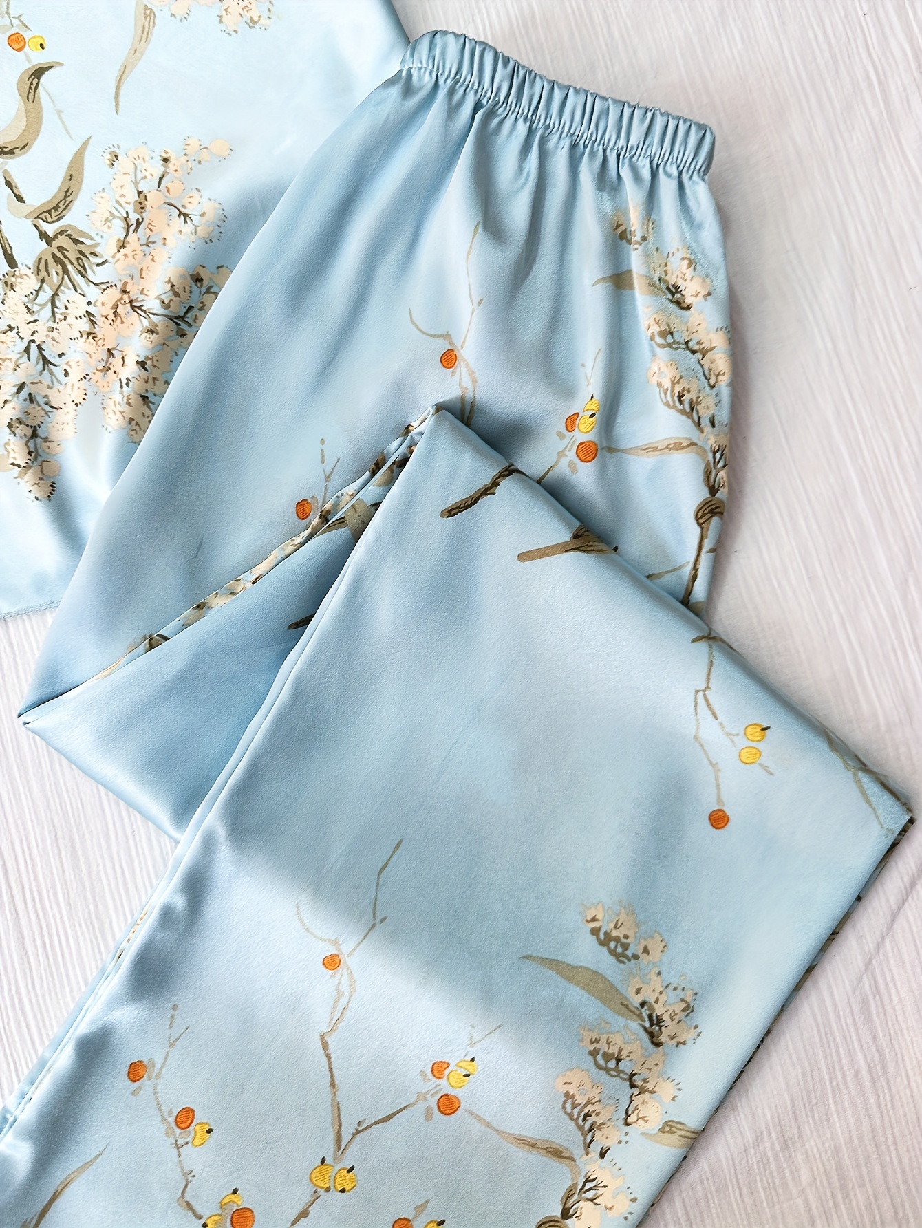 Floral Print Pajama Set Draped Collar Cami Top Elastic - Temu