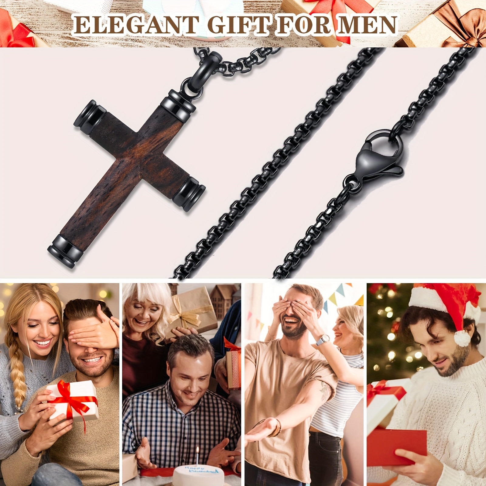 1pc stainless steel pendant necklace with inlaid new   wood cross pendant a stylish and high quality pendant for men perfect as a gift for your husband on easter day details 0