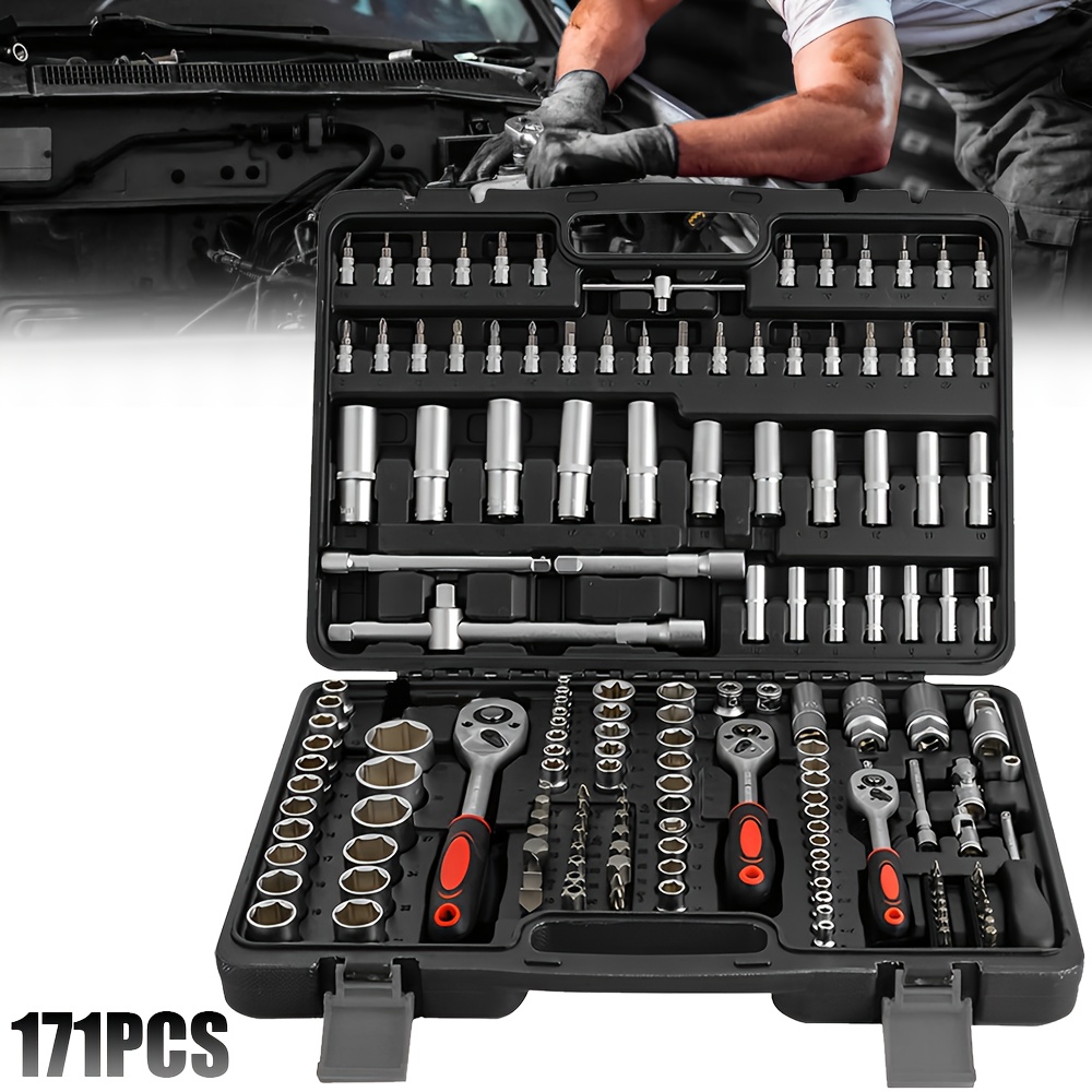 E-shop 171-teiliges Standard-Steckschlüssel-Set, Ratschenschlüssel, Drehmomentschlüssel-Set, für Autoreparatur, Heimwerker-Werkzeugset, Robuste