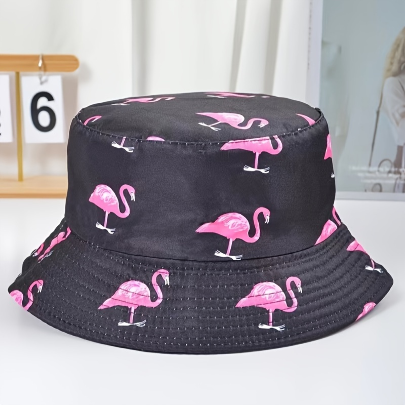 

1pc New Fashionable Flamingo Print Double-sided Wearing Bucket Hat Men And Women Trendy Sunshade Sun Hat Sunscreen Basin Hats