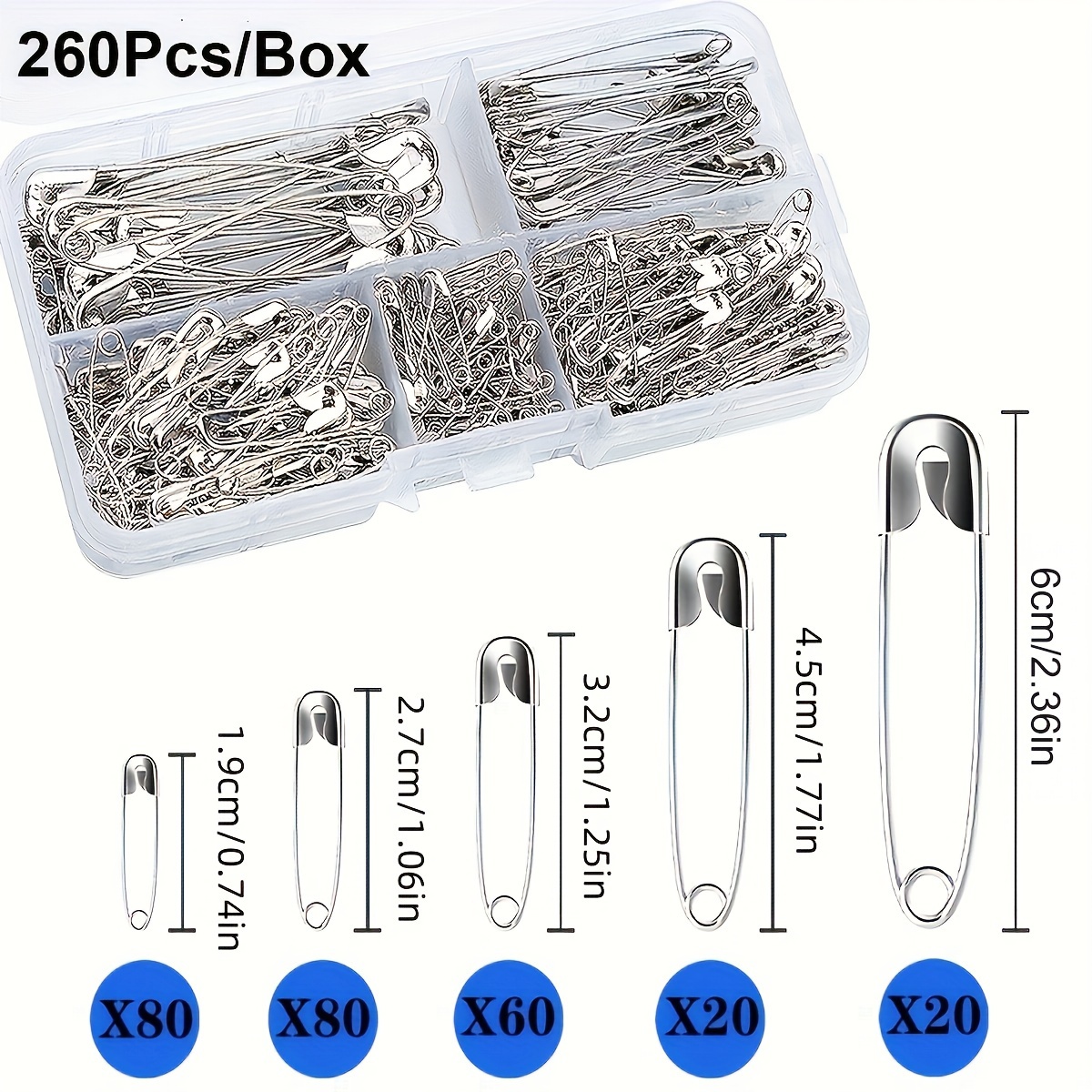 

Assorted Nickel Plated Steel Safety Pins, 260 Pcs, Includes Large And Small Sizes For Clothes, Crafts, Sewing, And Pinning - Transparent Plastic Case