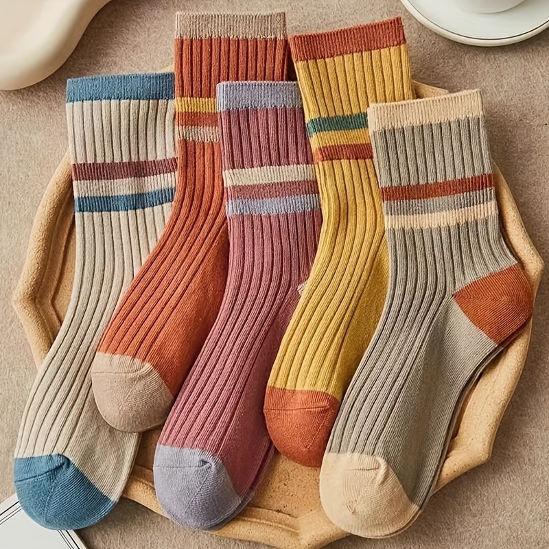 

5 Pairs Striped Socks, Casual & Warm Mid Tube Socks For Fall & Winter, Women's Stockings & Hosiery