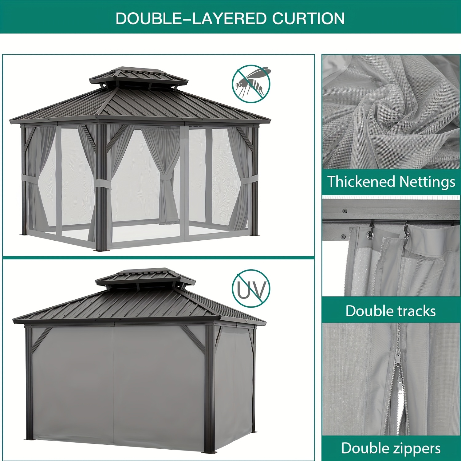 10x10ft Galvanized Steel Hardtop Gazebo with Heavy-Duty Double Roof, Waterproof Netting & Curtains - Outdoor Patio Backyard Deck Lawn Shade Shelter, Mixed Color, Gazebo Curtains Outdoor