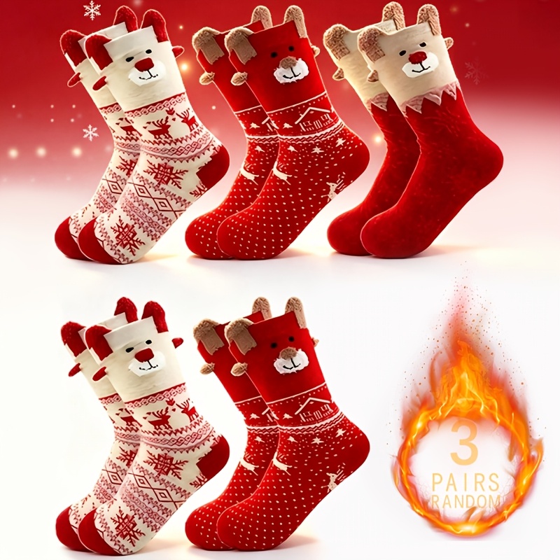 TEMU 3-pairs Random Winter Unisex Thick Fashion Red- Christmas Cute Cartoon 3d Reindeer Versatile Comfortable Long Socks Suitable For Christmas