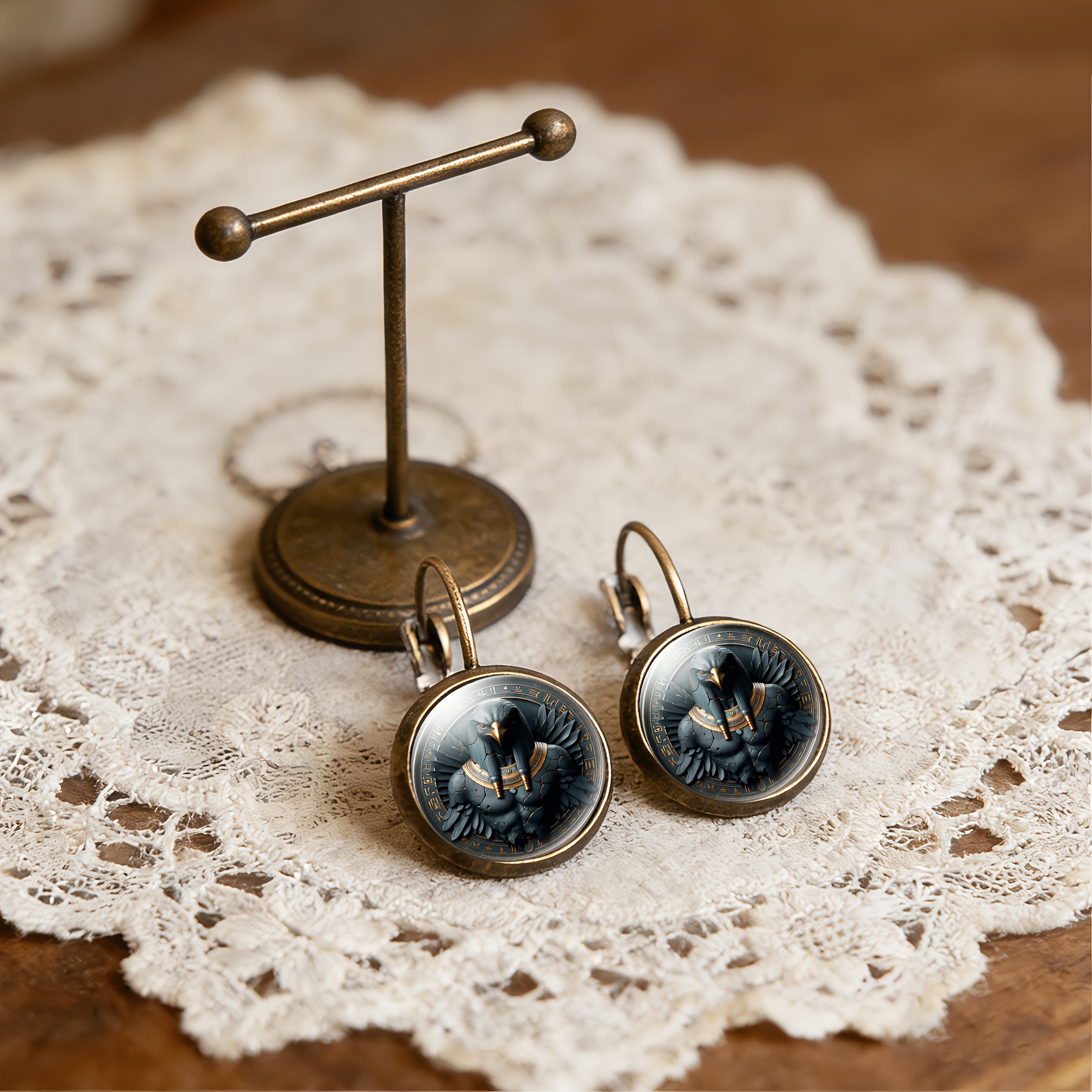 Cyan Round Classical Earrings with Eagle Head Design