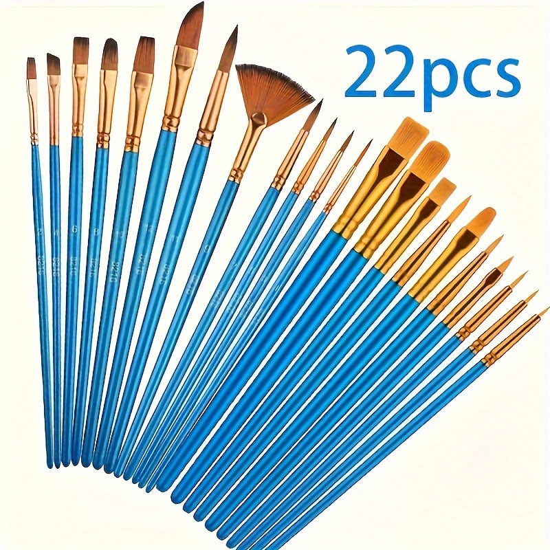 

22pcs Paint Brush Set - High-quality Nylon , For Acrylics, Oils & - Ideal For Master Artists & Beginners, Blue Handles With Golden Ferrules