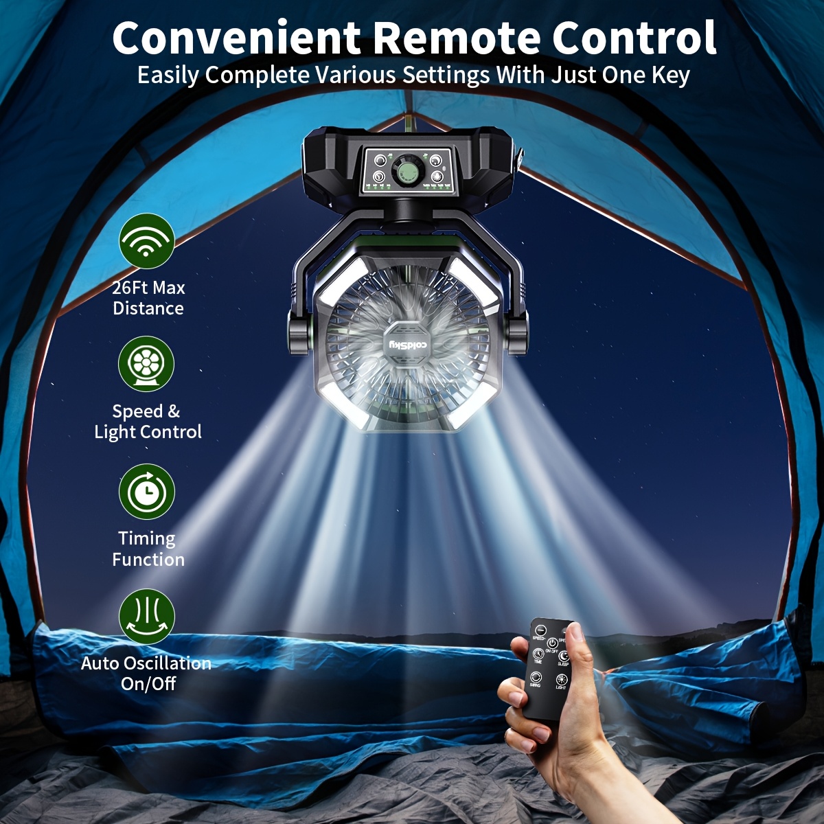 20000mah battery powered camping fan dual motor 8 speed with remote led lanterns portable outdoor fan with hook for outage construction site details 3
