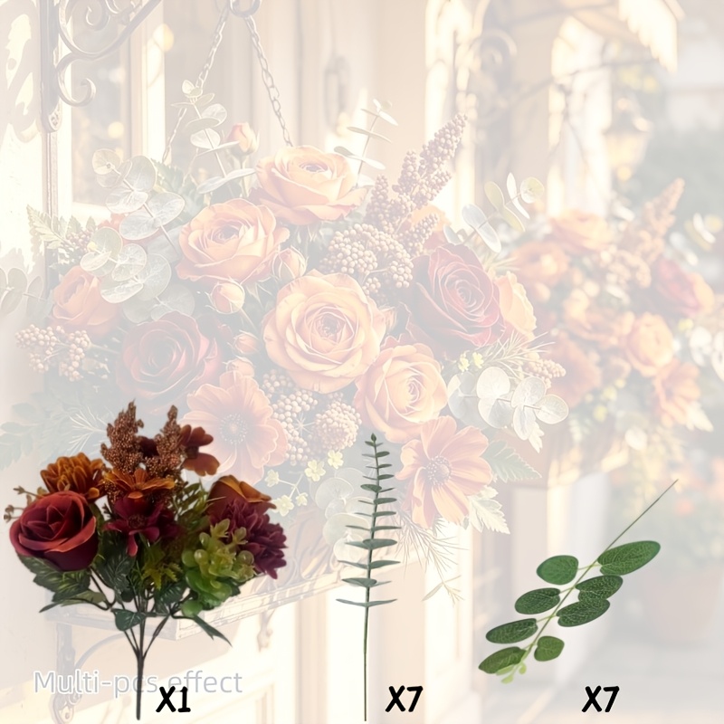 TEMU 15pcs Autumn : Roses, Small Daisies, Double-petal Flowers, Eucalyptus Leaves, High-end Artificial Mixed Bouquet - Suitable For Home Decor,