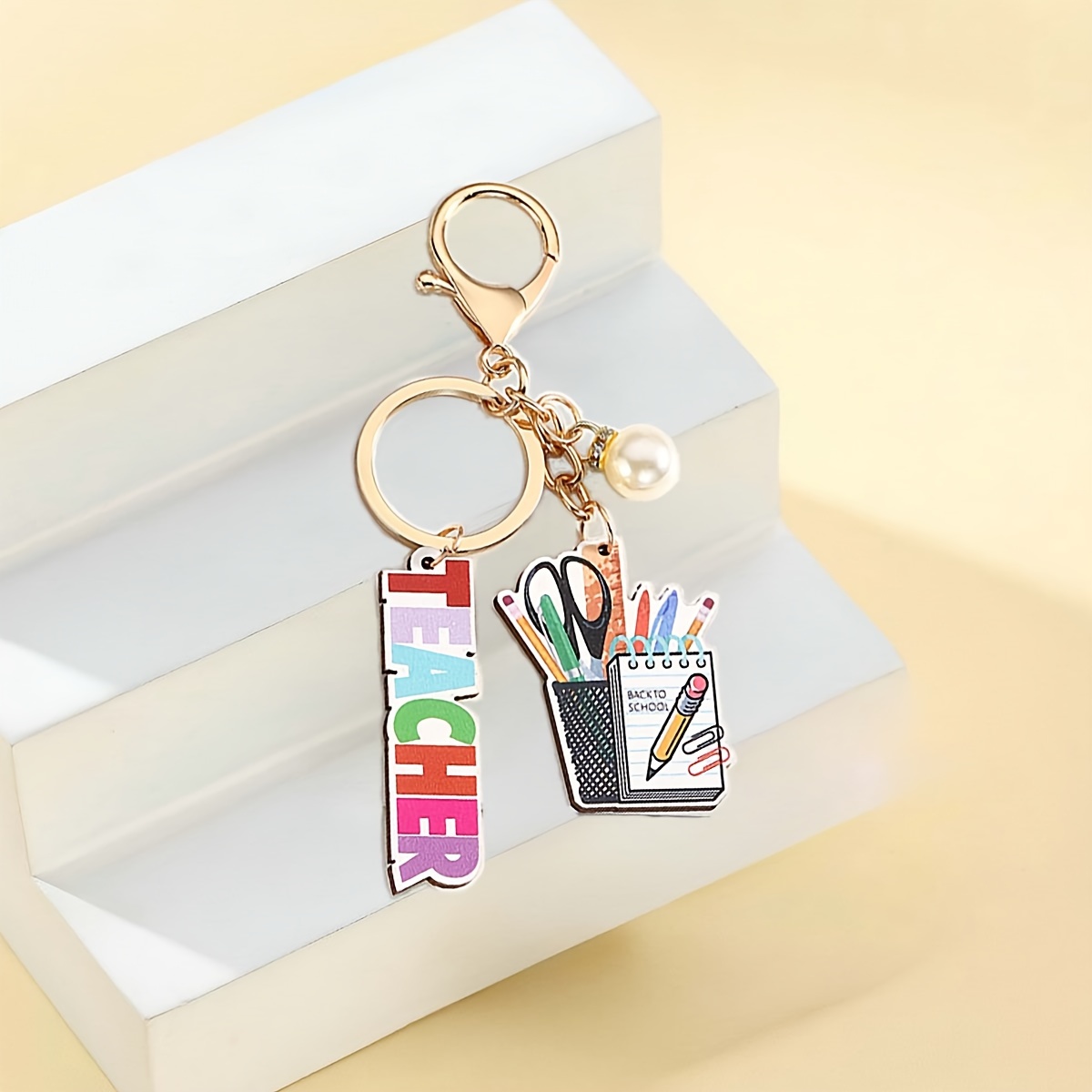 A Set Of Stylish And Holders Western , Featuring A Pearl Keychain. Wooden Additions Are Perfect For Teachers To Wear On Daily