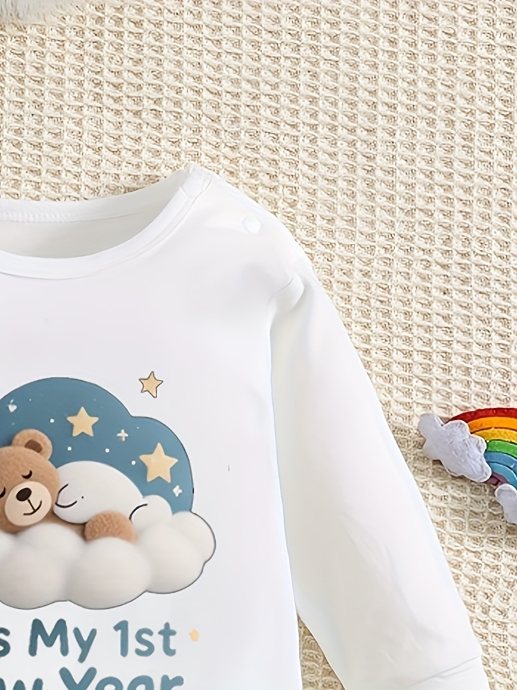 It's My 1st New Year Star Bear Pattern Printed Baby Clothes, Baby Long Sleeve Jumpsuit Spring and Autumn Baby Christmas Gift, Four Seasons Cotton Breathable, Suitable for Outdoor Wearing, Perfect for Outdoor