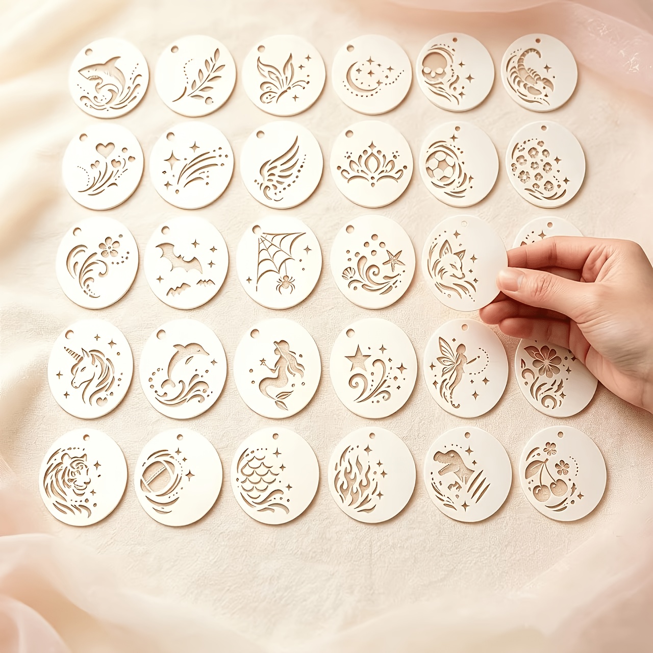 TEMU 32pcs Mini Tattoo Stencil Templates Suitable For Diy Crafts - Hollow Round Reusable Plastic Stencils With , Mermaids, Sharks, Unicorns, , Small