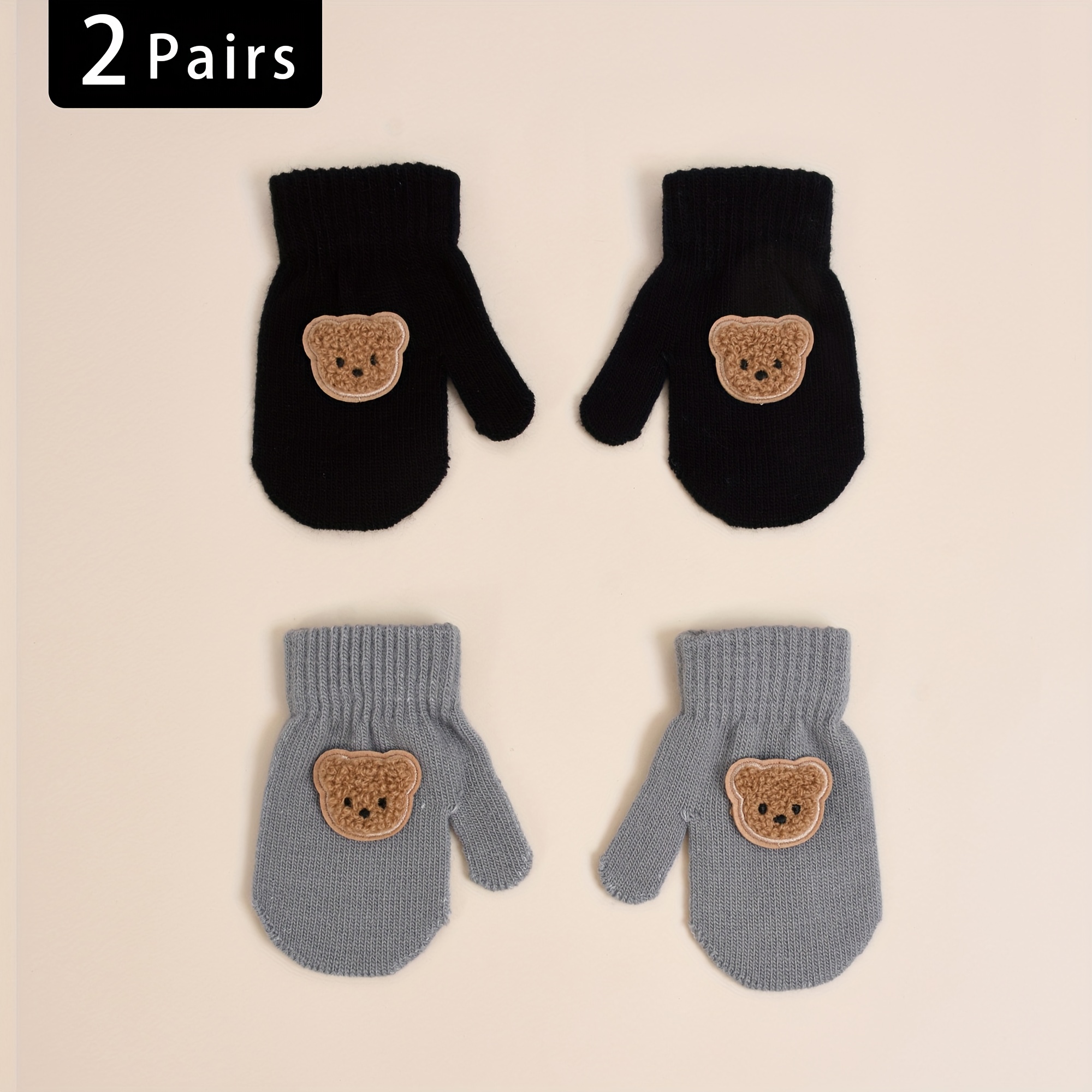 Image of Toddler Years Autumn Winter Stretch Knit Warm Mitten Gloves, Cute Bear For Baby Kids, For Daily Casual Outfits And