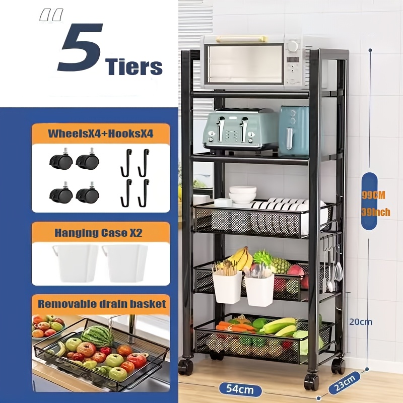 TEMU 5 Tier Fruit Rack Kitchen Basket For Kitchen Large Basket With Wheels, Kitchen Storage Cart Vegetable Trolleys For Home