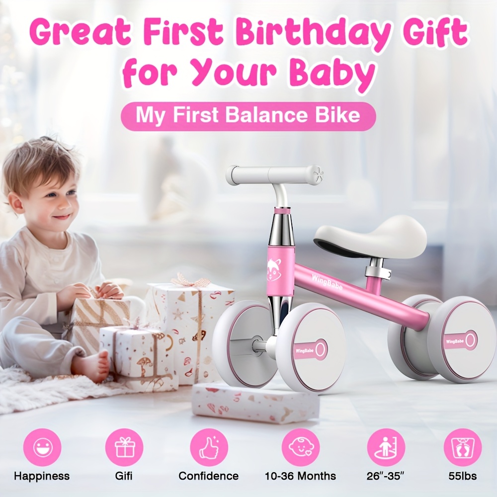 Baby Balance Bike for Toddlers 10-36 Months, 4-Wheel First Ride Bike for Boys and Girls, Multiple Colors