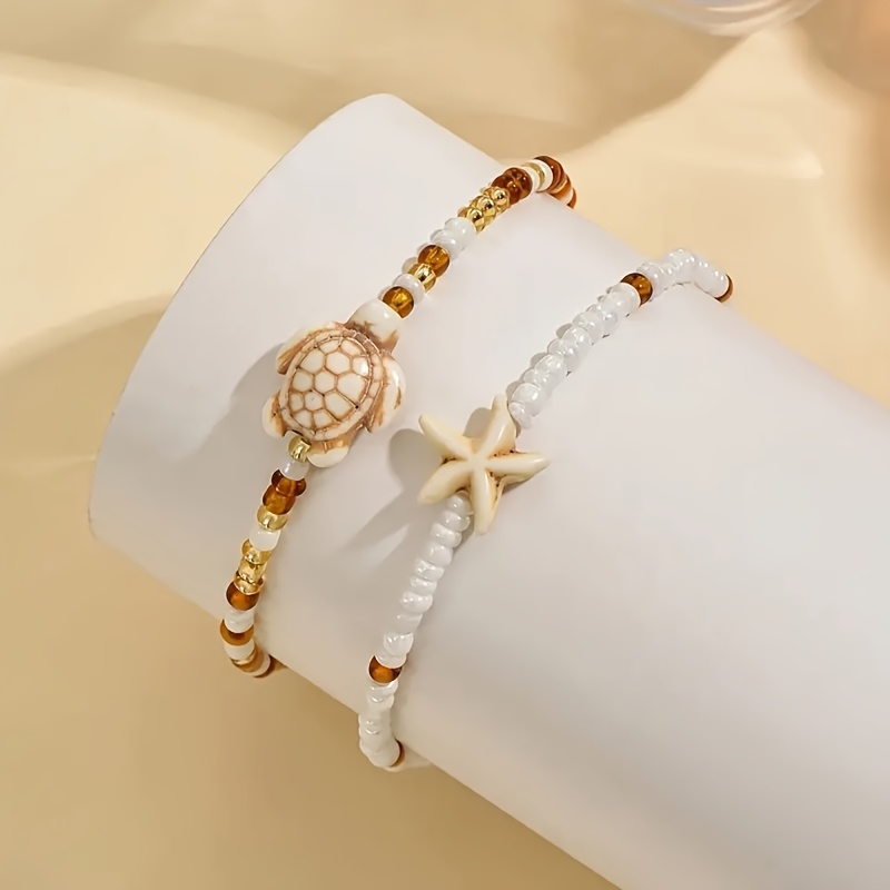 Boho Turquoise Starfish Turtle Foot Chain Double Layer Bead Sand Beach Chain