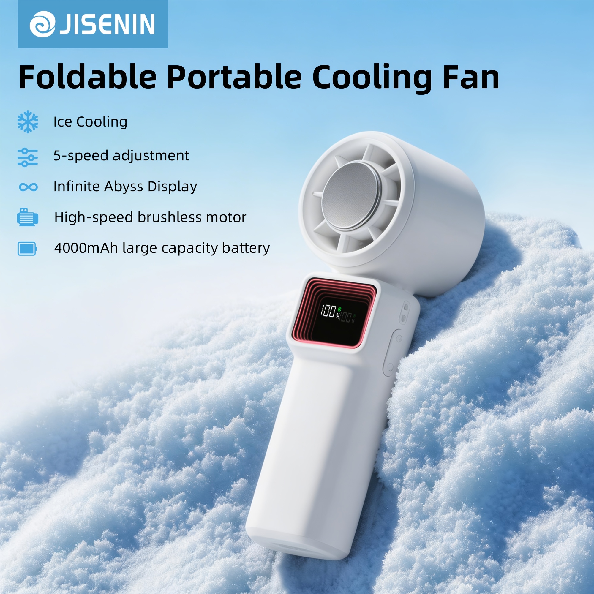 Image of Jisenin Mirror Ice Compress Cooling Handheld Fan Semiconductor Ice Feeling Handheld Turbine Fan, 8000 Rpm High Speed Outlet, Multiple Mirror Display Screen