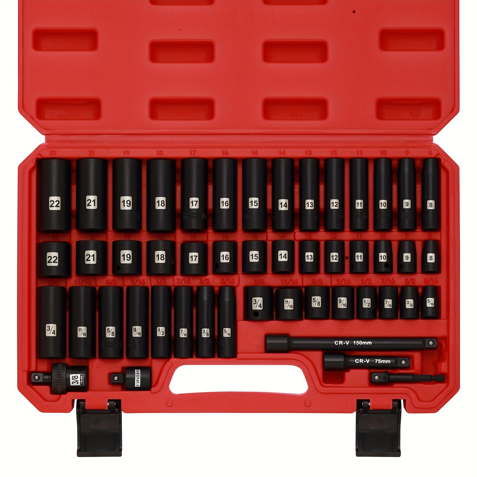 

49pcs 3/8" Drive Impact Socket Set, 5/16"-3/4", 8-22mm, Sae/metric, 6 Point, , Includes 3", 6" Extension Bar, 3/8" Universal Joint, 3/8" To 1/2" Adapter,, 1/4" To 3/8" Drill Adapter