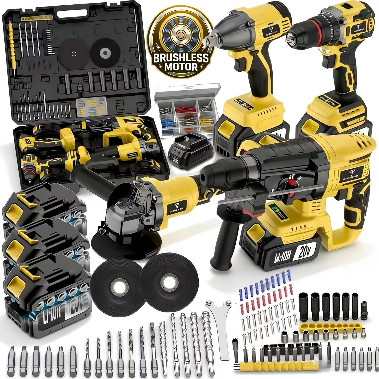 TEMU 20v Cordless Lithium Battery Brushless Motor 4pcs Kit With 4000mah, ( Cordless Rotary Hammer Drill, Cordless Impact Wrench, 430nm High Torque