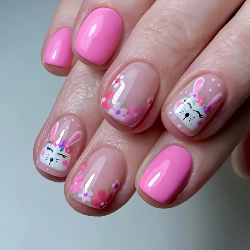 

24pcs Valentine's Day Pink Nail Set With Cute Bunny And Floral Designs, Square Short Nails, Easter Theme, Animal And Flower Patterns, Includes And Nail Clipper For Women, Pressure Nail Stickers