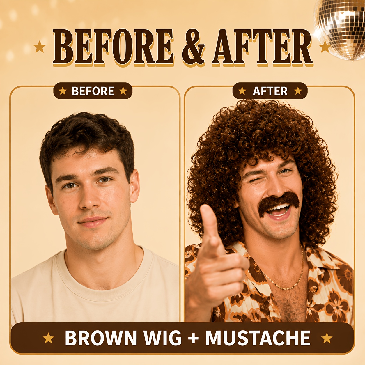 Image of Men's 70s 80s Retro Curly Wig & Mustache Costume Set - Brown/black Suitable For Halloween, Cosplay, Stage Performance, Punk Rocker Wig With , Wig For Themed Parties & Disco Rocker Outfits