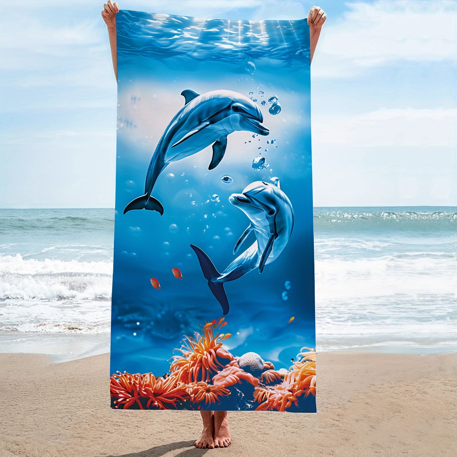 

1pc Dolphin Coral Microfiber Beach Towel, Summer Ocean Natural Oversized Beach Towel, Lightweight Sandproof Quick Drying Thin Absorbent Towel, Swimming Pool Camping Beach Accessory
