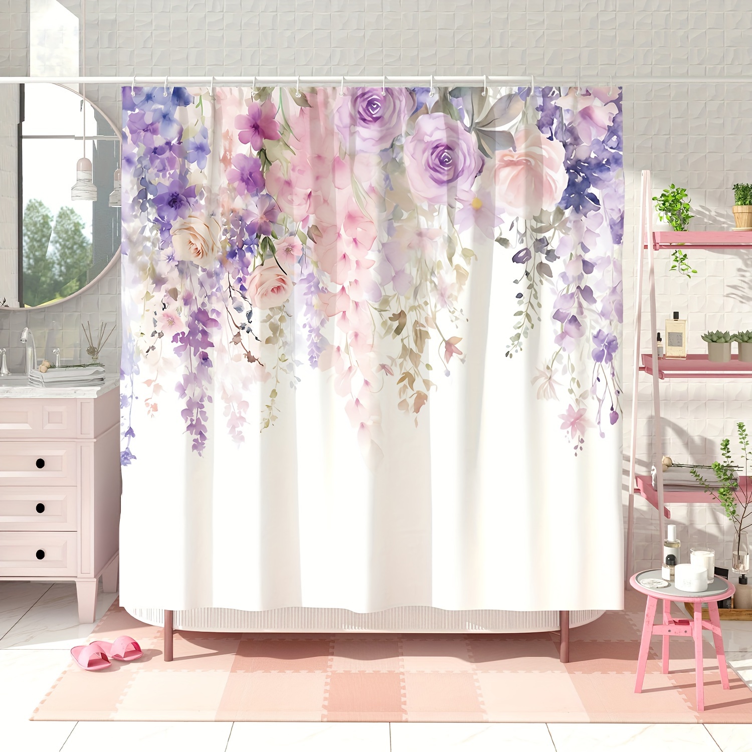 

1pc Floral Printed Shower Curtain, Waterproof Shower Curtain With Hooks, Partition Curtain For Spring Bathroom Bathtub Decoration, Bathroom Accessories