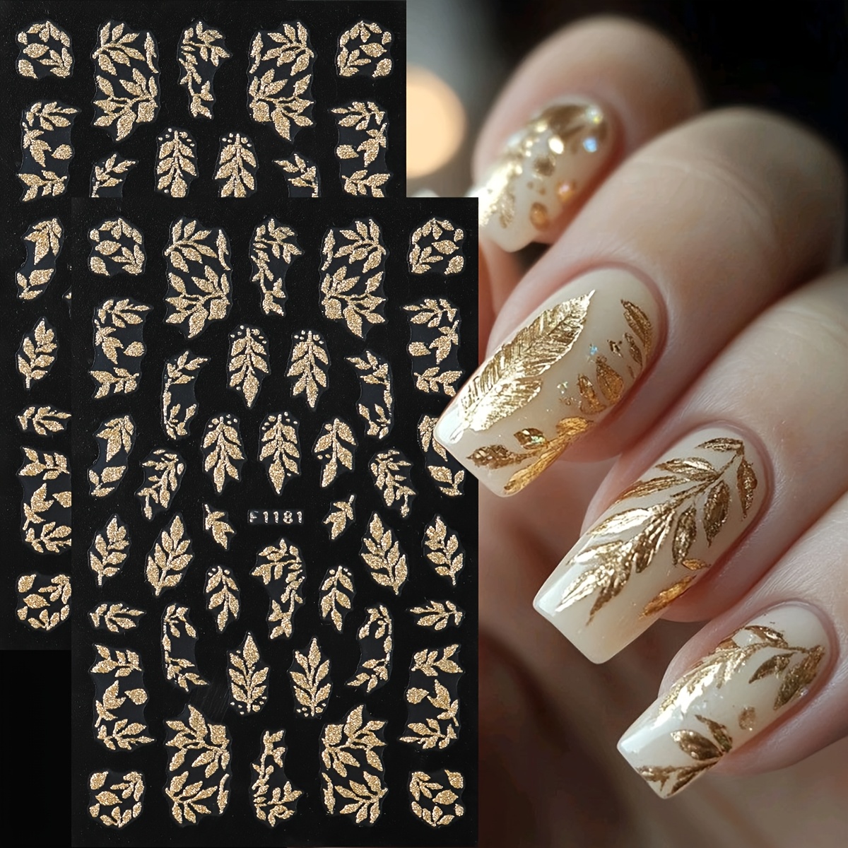 TEMU 3D Zelfklevende Metalen Gouden Nagelstickers, Glanzende Gouden Folie Tak Nageldecals, Elegante Herfst Plant Nagelkunst Decoraties, Luxe DIY