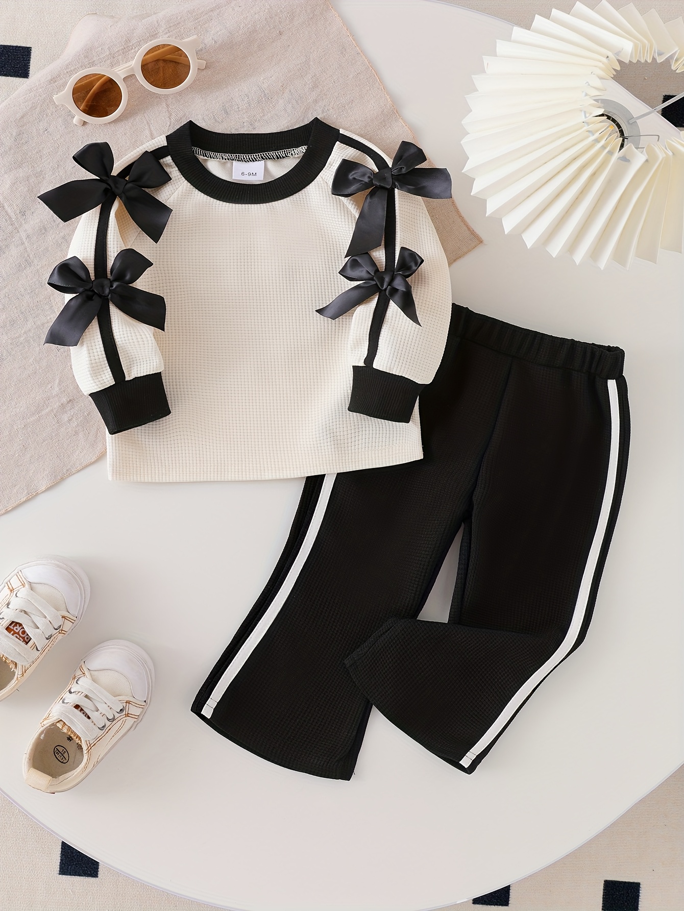 girls 2pcs long sleeve black flared pants set with bow decor for spring autumn   outdoor Product details 7