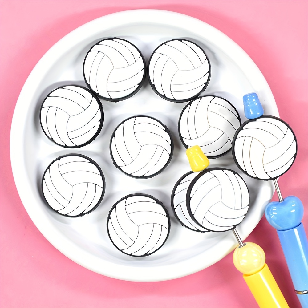 

10pcs Volleyball Bead Charms, Diy Plastic Beads For Keychain And Pen Accessories, White Volleyball Pattern Loose Spacer Beads For Crafts