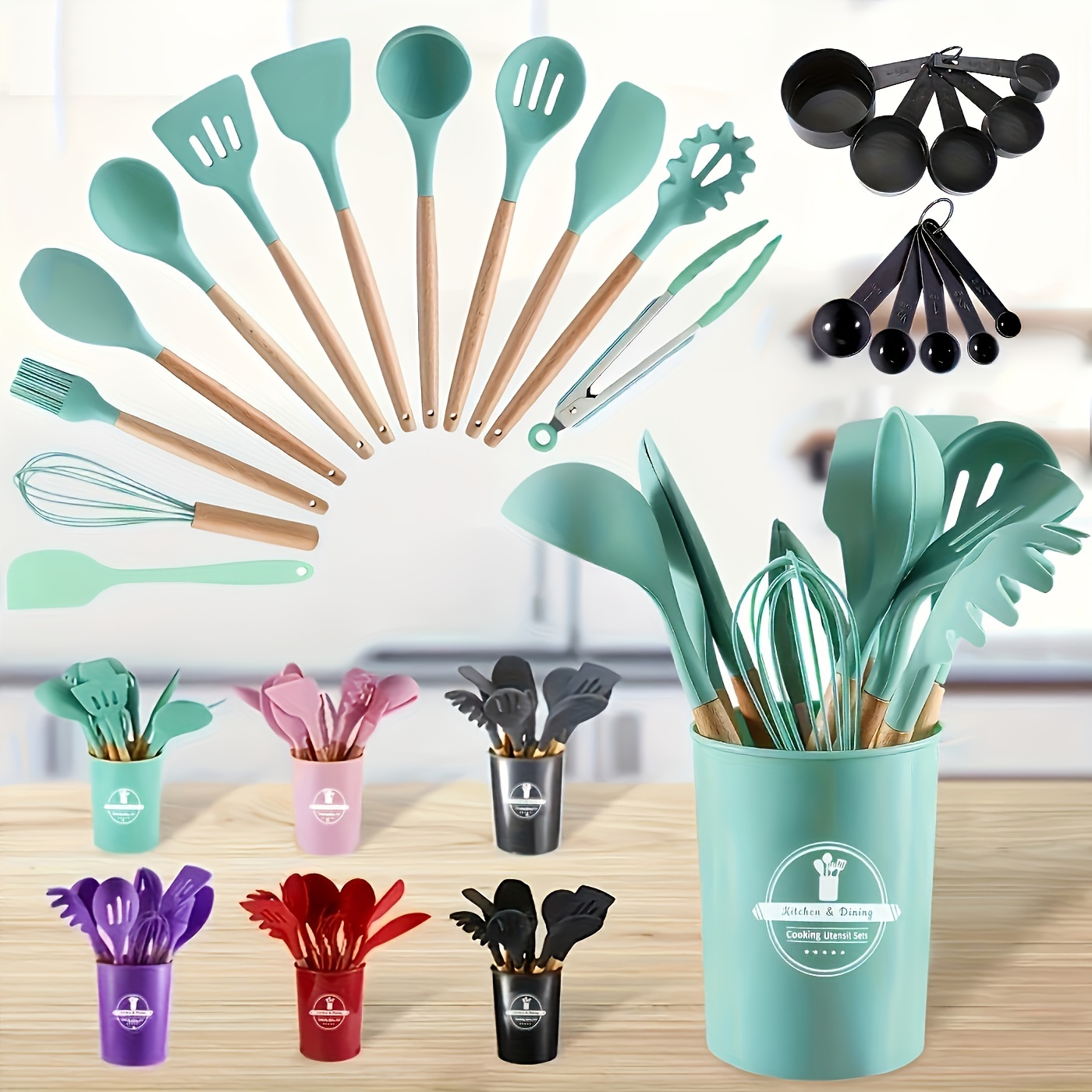 

23pcs/set, Kitchen Cooking Utensils Set, Silicone Cooking Kitchen Utensils Spatula Set With Holder, Wooden Handle Silicone Kitchen Gadgets Utensil Set