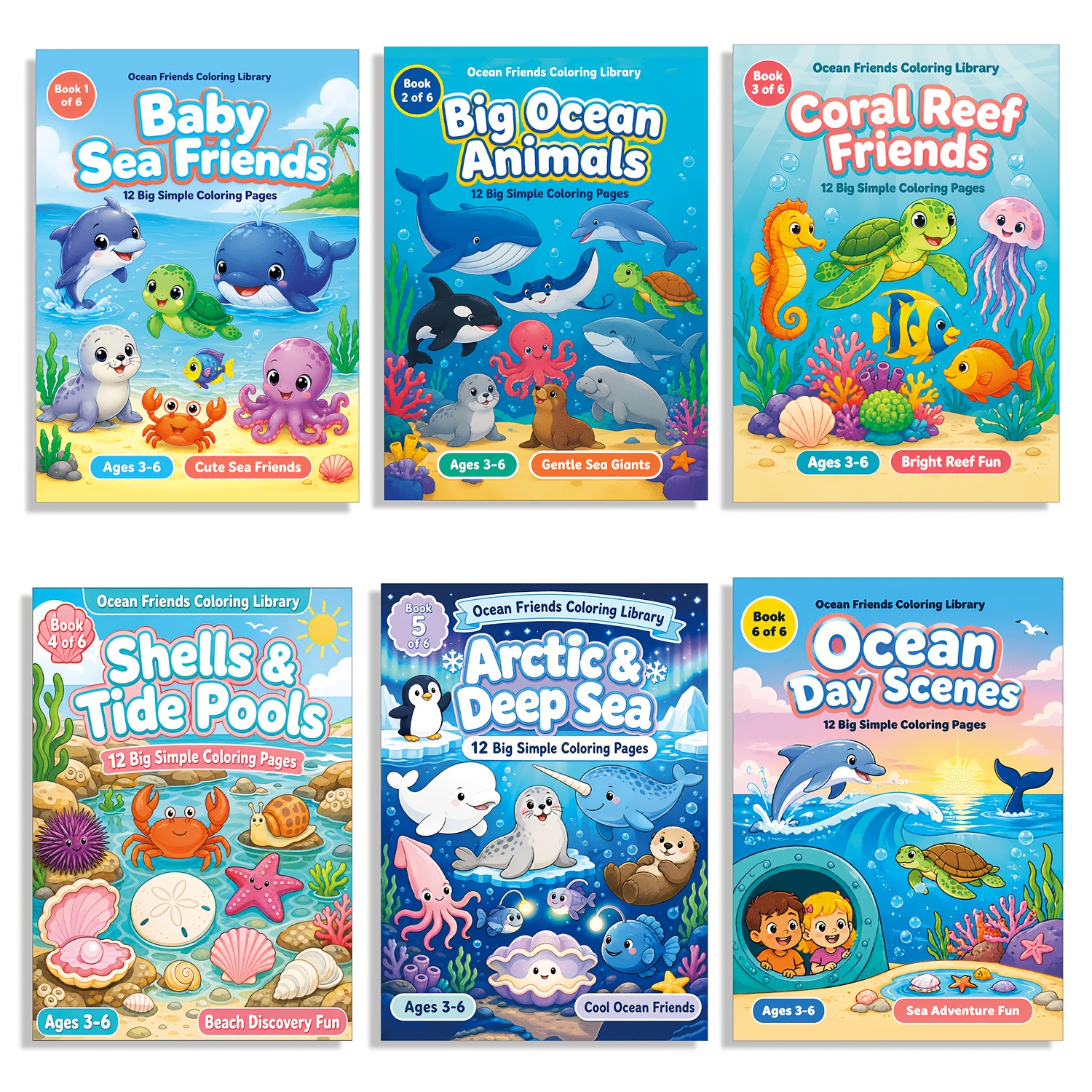 TEMU 2pcs/ 6pcs Kids Ocean Animals And Sea Creatures Coloring Book Set 12 Sheets Each A5 Size 5.8inch X 8.3inch Big Simple Line Underwater Coloring