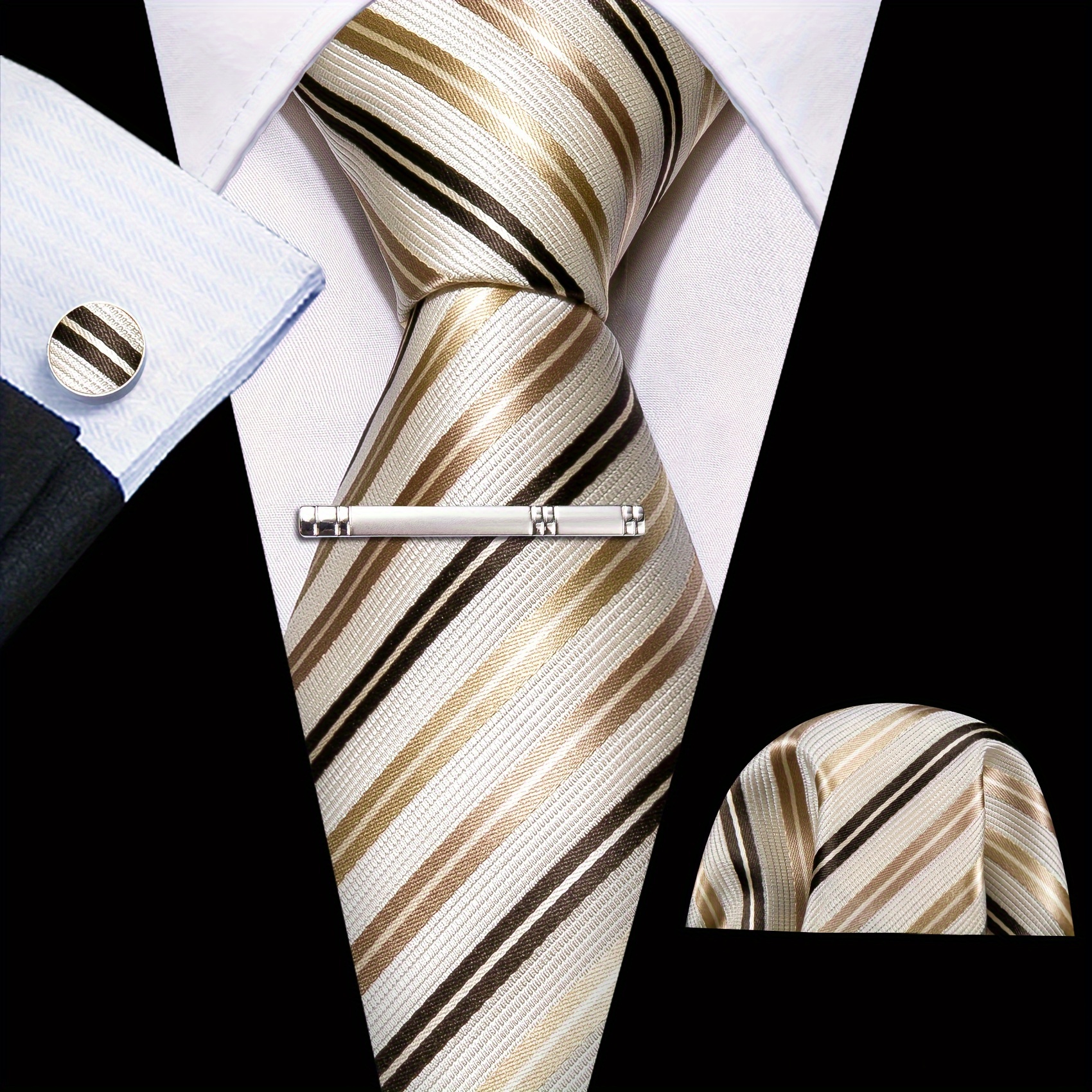 TEMU Striped Formal Work Tie Mens Ties Brown Necktie Hankie Set Event
