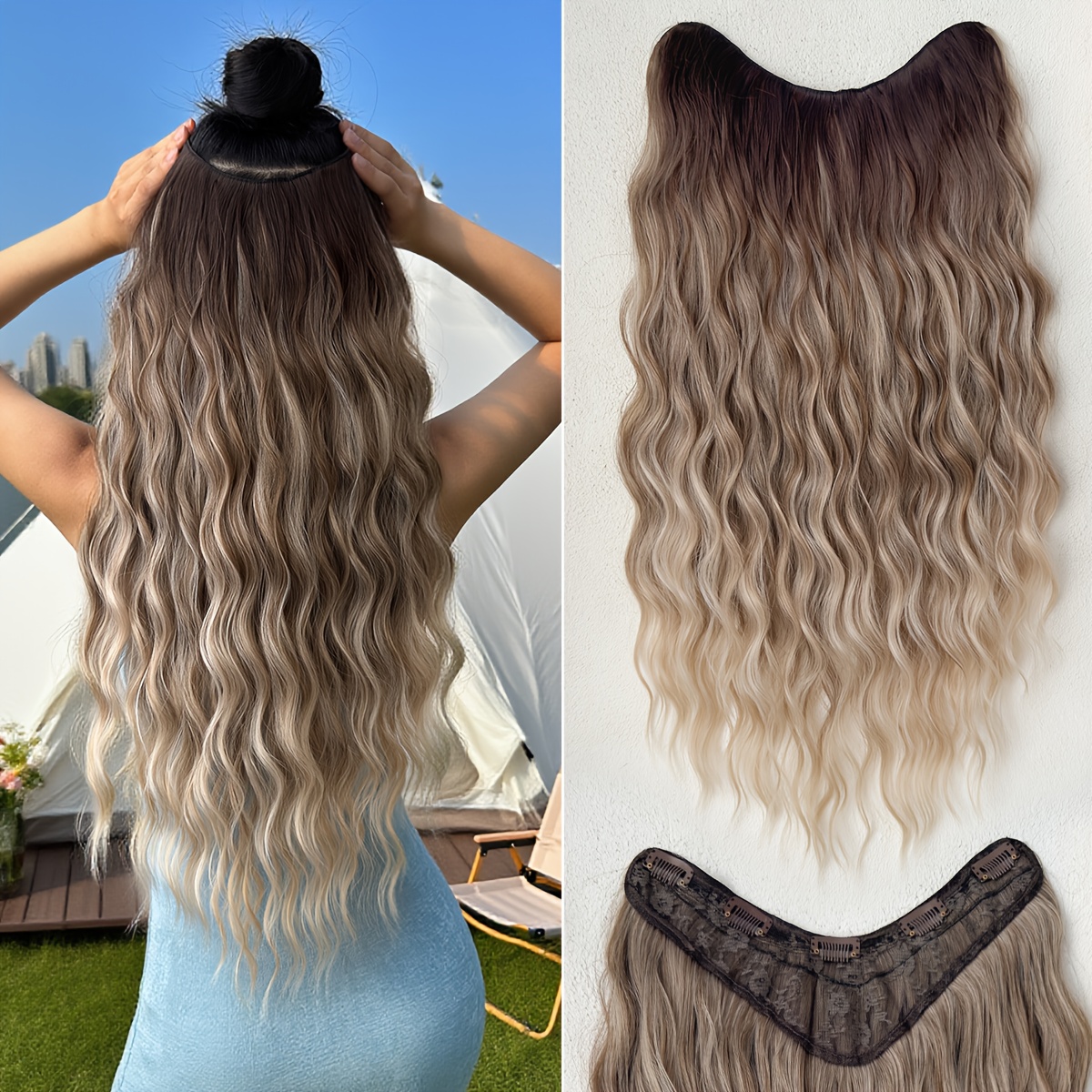 TEMU -inch V-shaped Hair Extension In Various Colors Including Black, Burgundy, Dark Brown, And A Gradient Of Black To Golden, As Well As Brown