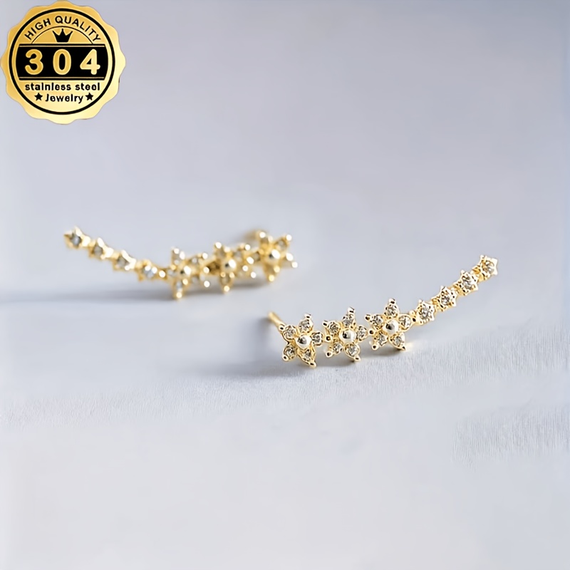 TEMU Pair Of High-quality 304 Stainless Steel Easy Spliced Linked Flower Women's Stud Earrings, With Sparkling Synthetic Zirconia - Suitable For