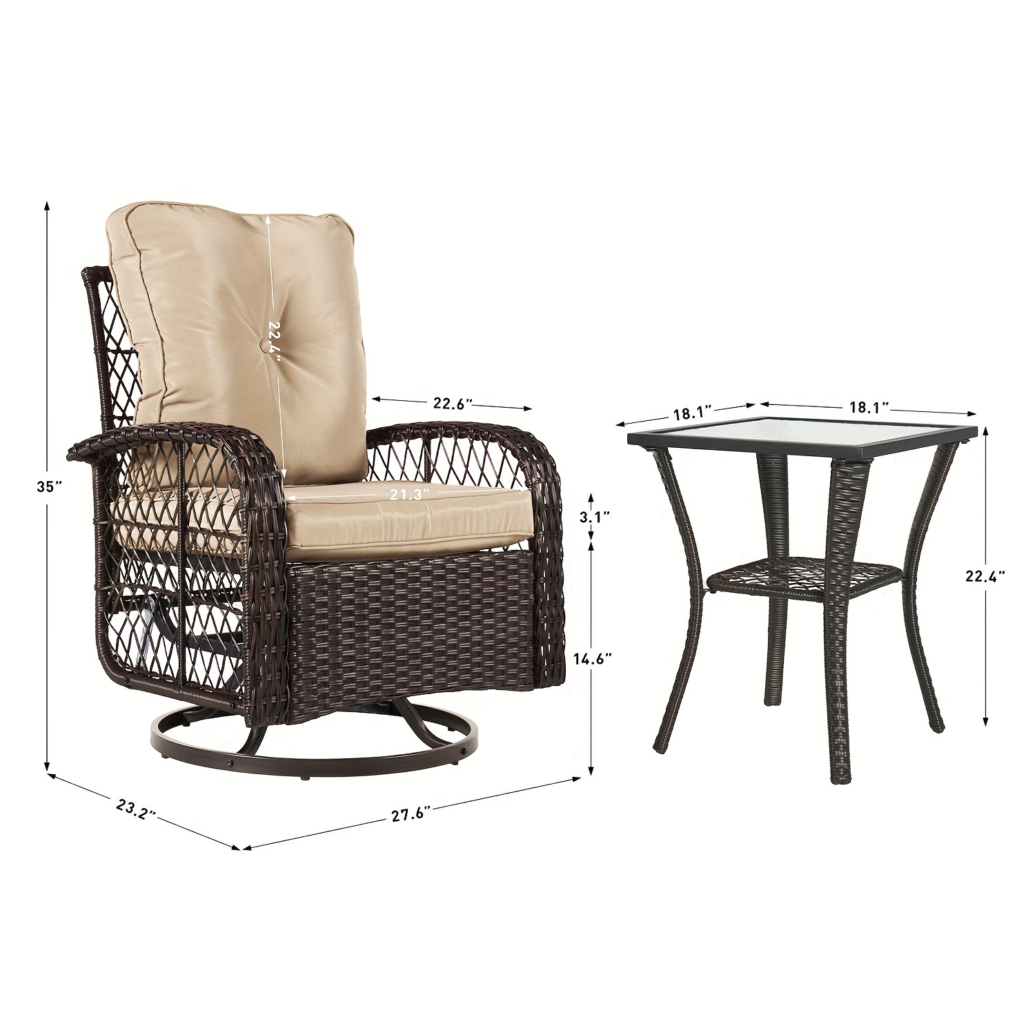 3 Piece Wicker Rattan Patio Furniture Set Outdoor Swivel Rocker Chairs ...