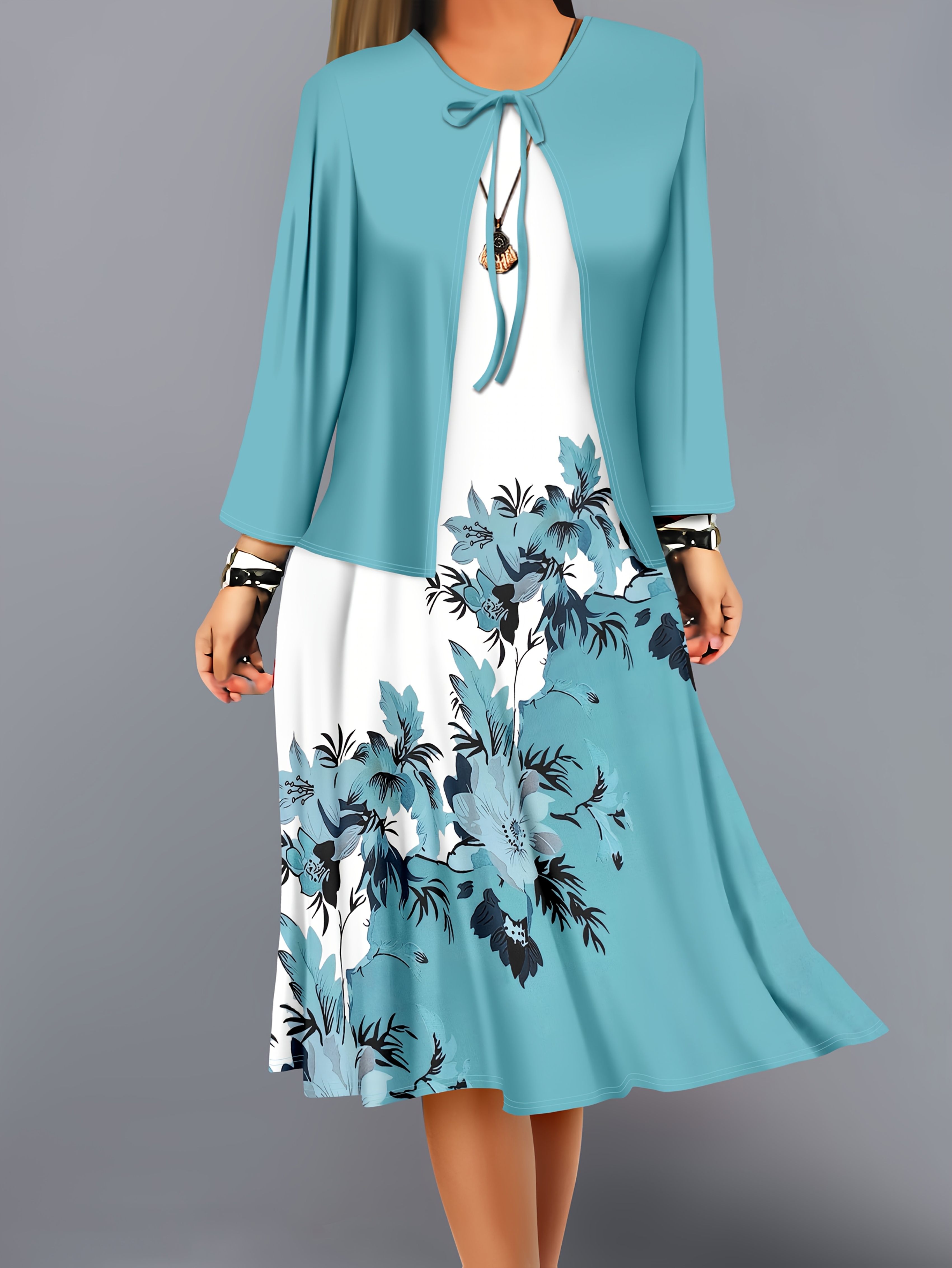 Fashion Women's solid color small cardigan and floral print patchwork dress two-piece set