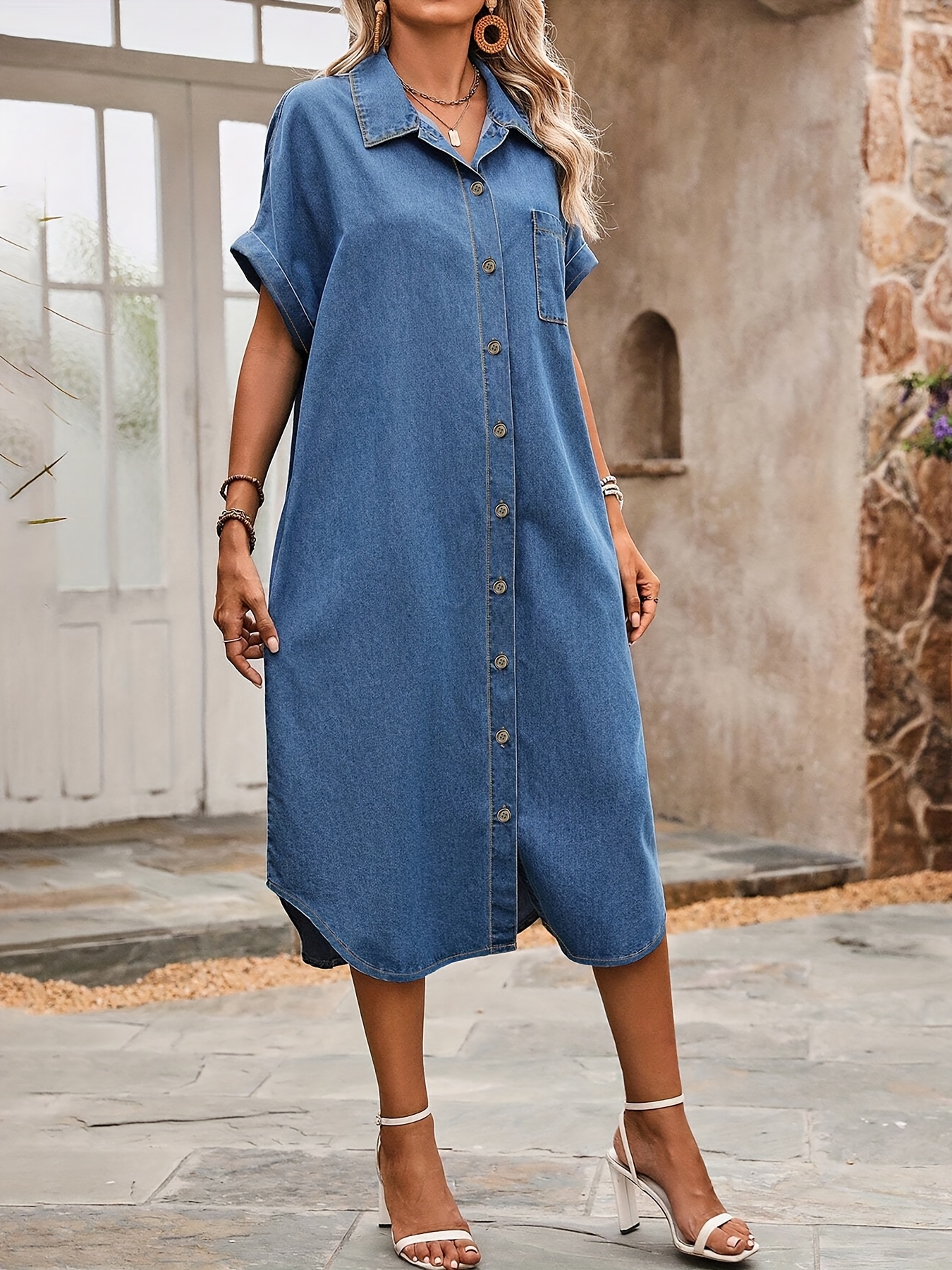 denim fall dress Chic One-Shoulder Denim Mini Dress with Raw Edges main image 1