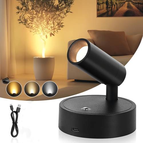 1pc rechargeable magnetic led spotlight indoor usb rechargeable three color dimmable 350 rotation battery operation wall lights suitable for bedroom bedside artwork painting potted plants plants picture lights