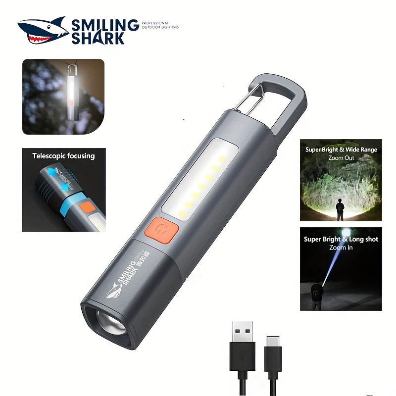 

1pc Smiling Shark Super Bright Rechargeable Led Flashlight, Portable Flashlights With Hook, Telescopic Zoom Waterproof Torch Light With Cob Side Light For Hiking, Camping