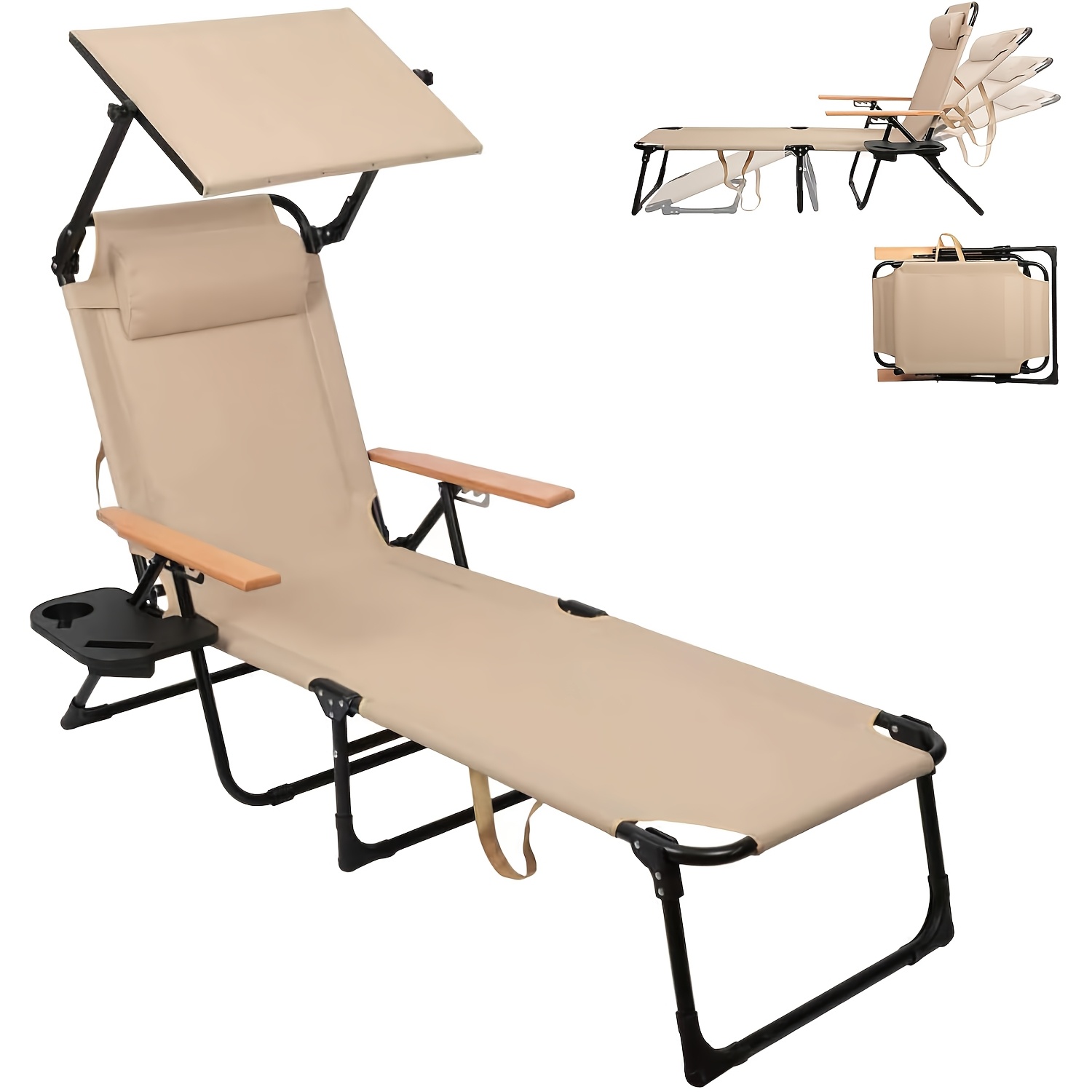 TEMU Chaises longues pliantes pour l'extérieur, chaise longue de plage et de patio avec auvent, chaise de bronzage avec réglable à 4 , porte-gobelet