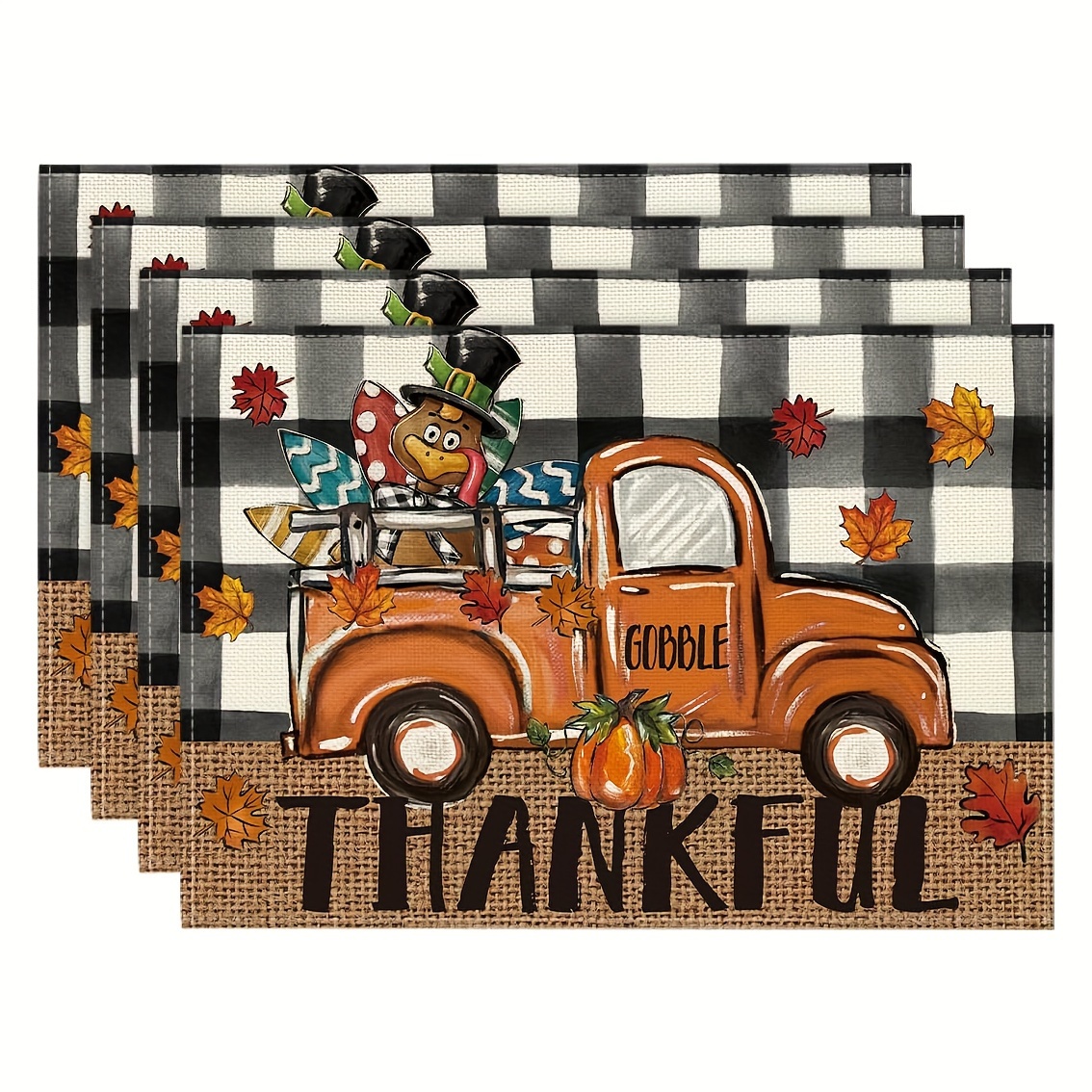 

4pcs, Buffalo Plaid Truck Fall Placemat,12 X 18 Inch Fall Harvest Placemat For Party Kitchen Dining Decoration