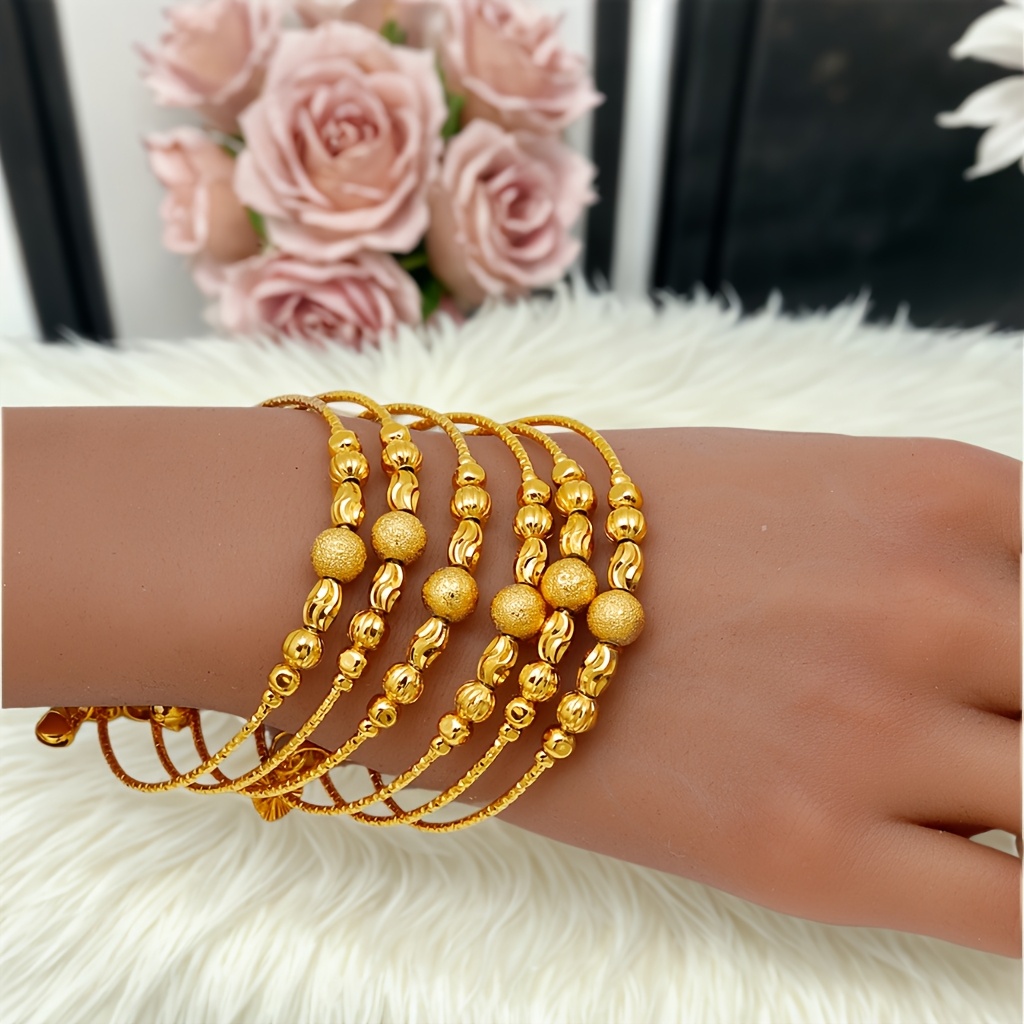 TEMU 6pcs Bracelets de perles dorés éthiopiens du Moyen-, taille ajustable, pour femmes de Dubaï, mariée, bijoux de mariage