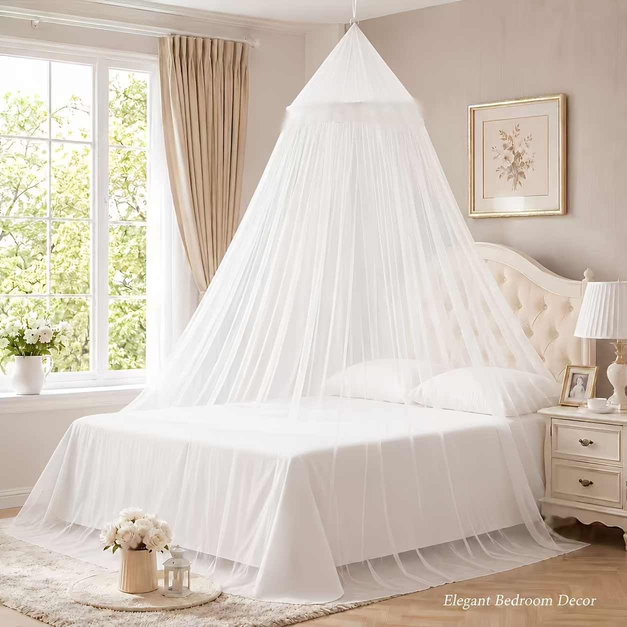 TEMU Canopy Net For Bed, Light Luxury Hanging Dome Bed Canopy, Soft Breathable Mesh Net, Elegant Bedroom Decor For 1.2-1.5m Bed, White Blue Optional