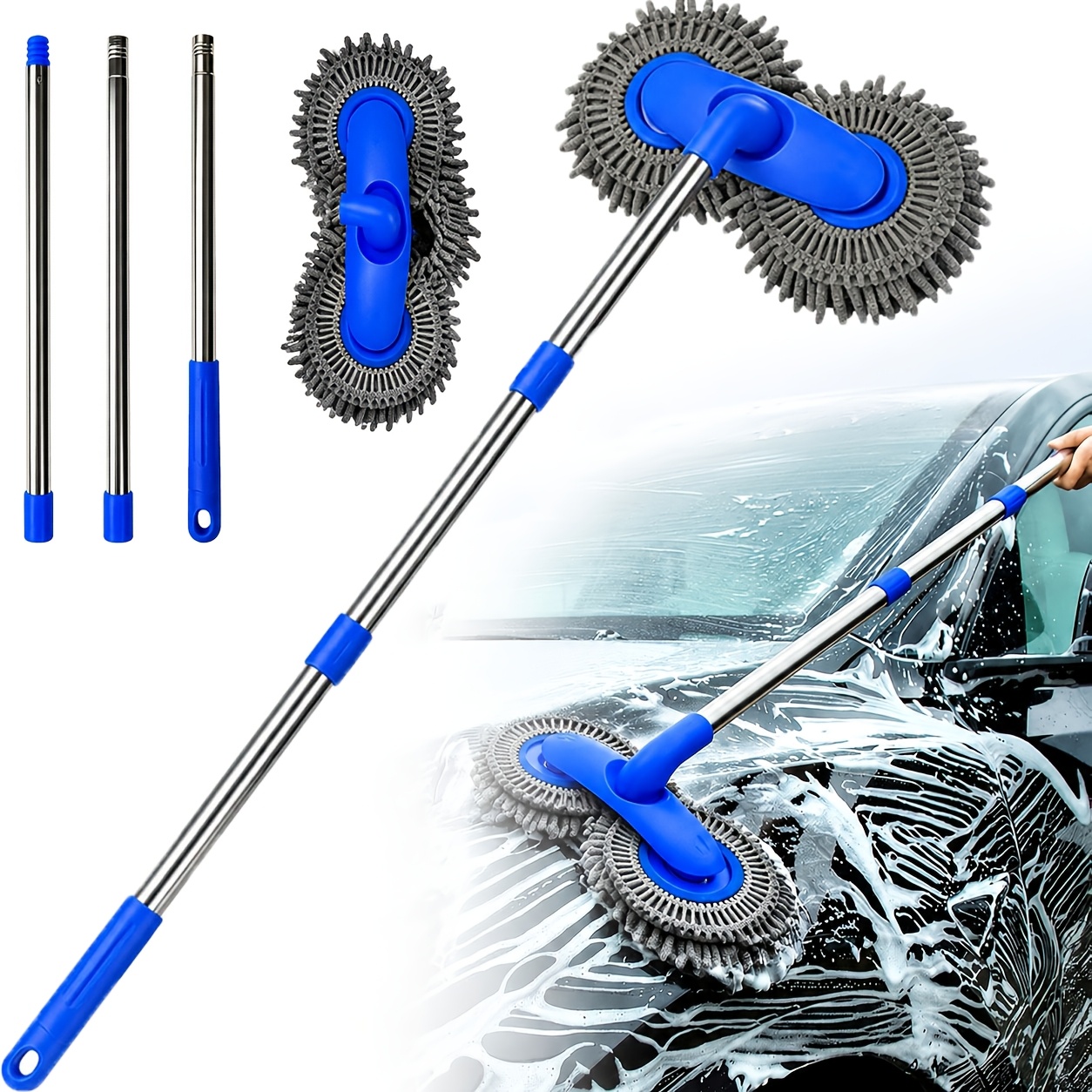 TEMU Car Washer Mop With Head Telescopic Foam Wash Brush For Window Cleaning Car Additions (1pc Car Mop)