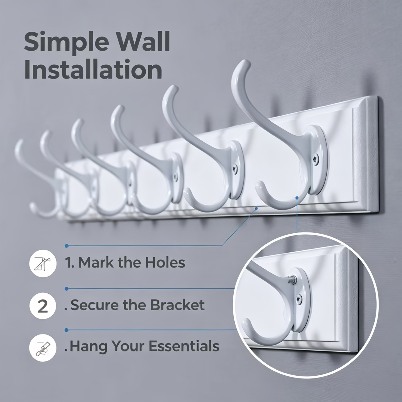TEMU 1pc (1pc Base Board And 6pcs Hooks) White Wall-mounted Hook Set, 30.71 Inches Long. With 6pcs Metal Hooks Suitable For Bathroom Living Room Hat