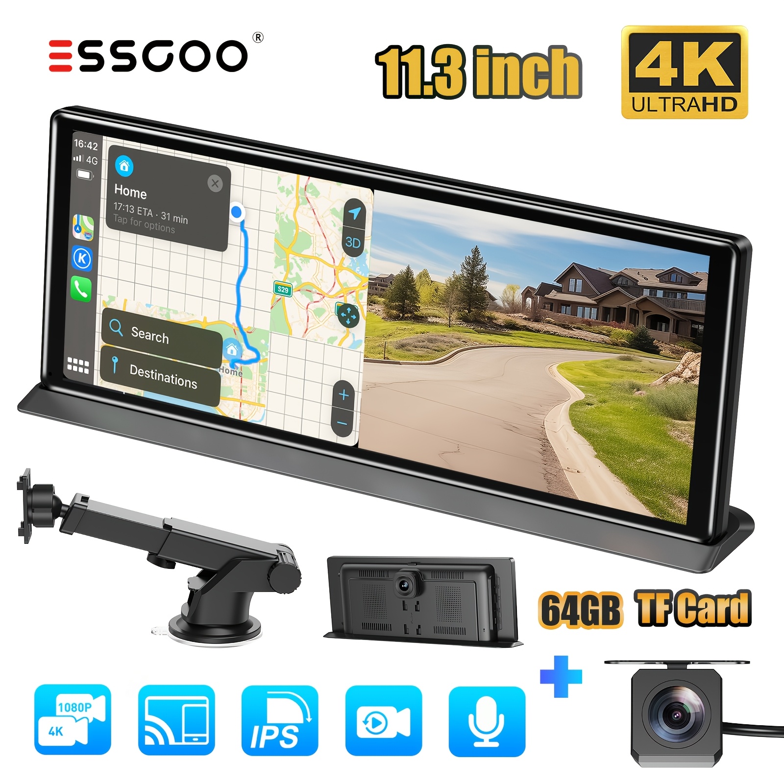 Image of Essgoo 11.3" Portable & Auto Car Stereo | Ips Screen With 4k Front Dashcam Dvr, 64g Tf Card, 1080p Hd Reverse Camera, Loop Recording, , Fm Transmitter, Aux, Voice Control, , Dual Brackets, 12-2