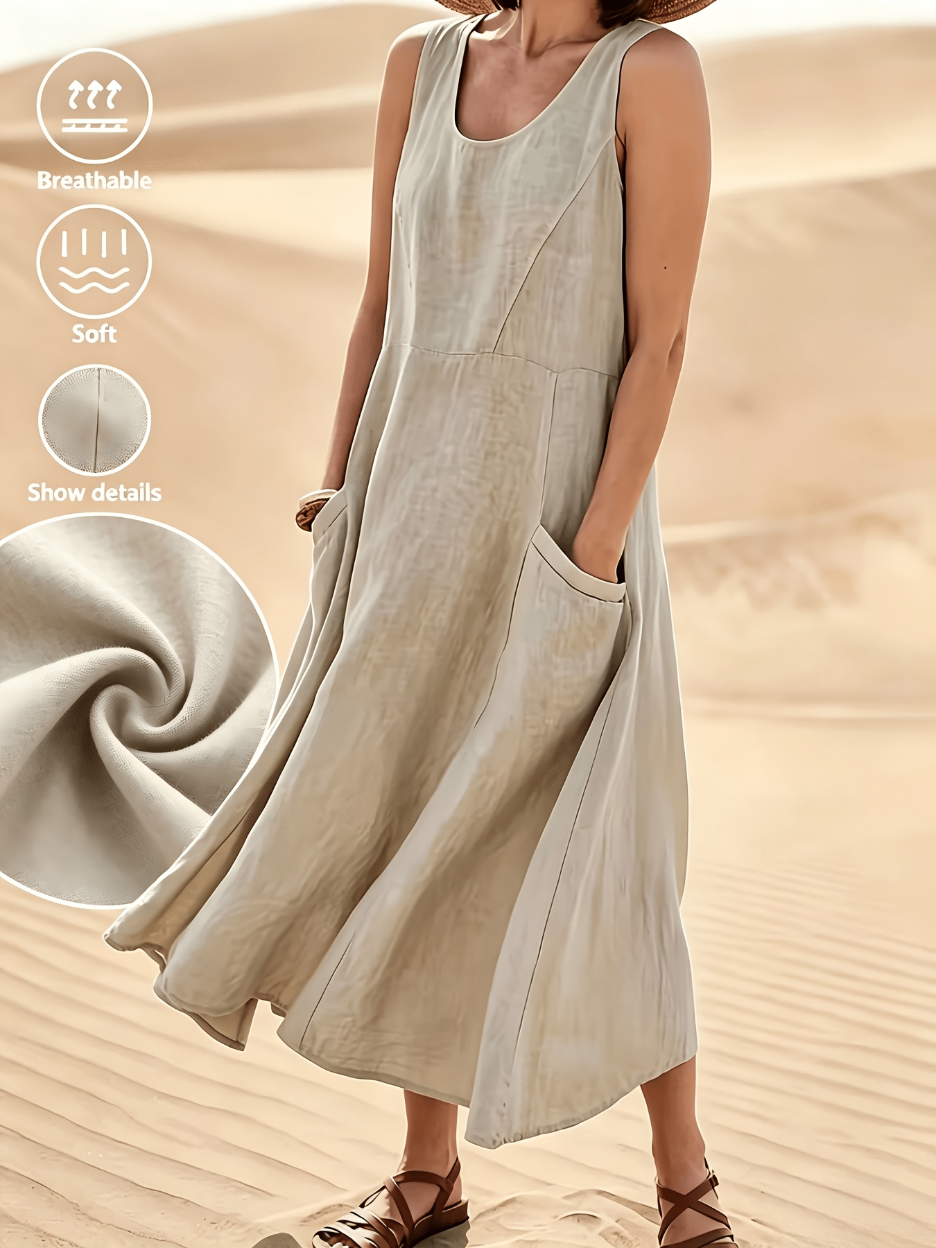 plus size boho maxi dresses australia Size, Women's Plus Solid Color Pocket Dress, 2026 Summer Sleeveless Dress, V-Neck Loose Dress, Long Dress, Vacation Dress, Daily Wear Dress with Pockets, Sizes 1X-5X primary-color-white