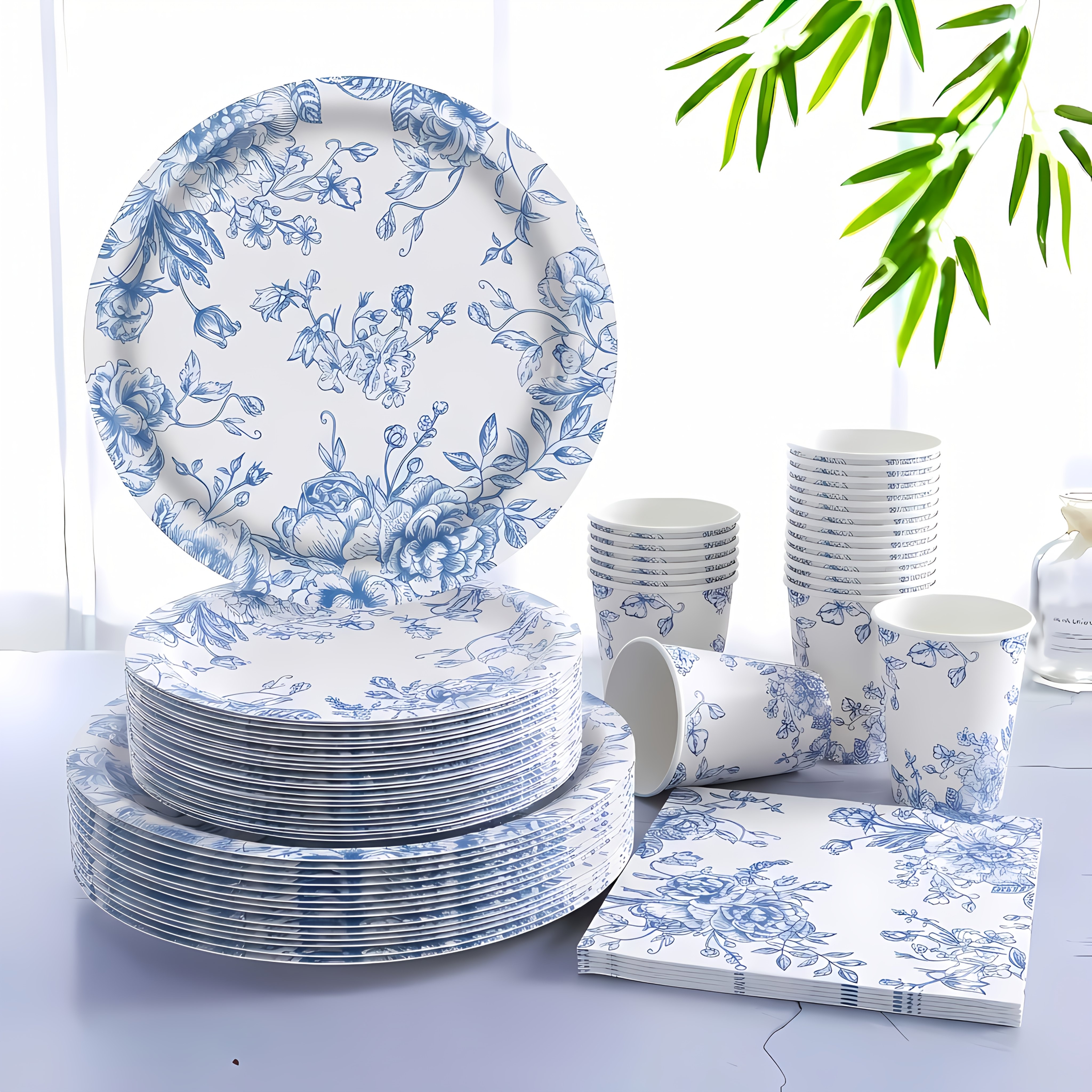 TEMU 84pcs Blue And White Chinoiserie Tableware Set With Toile De Rose Vine Plates, Cups & Napkins Suitable For Weddings, Birthdays, - French-themed